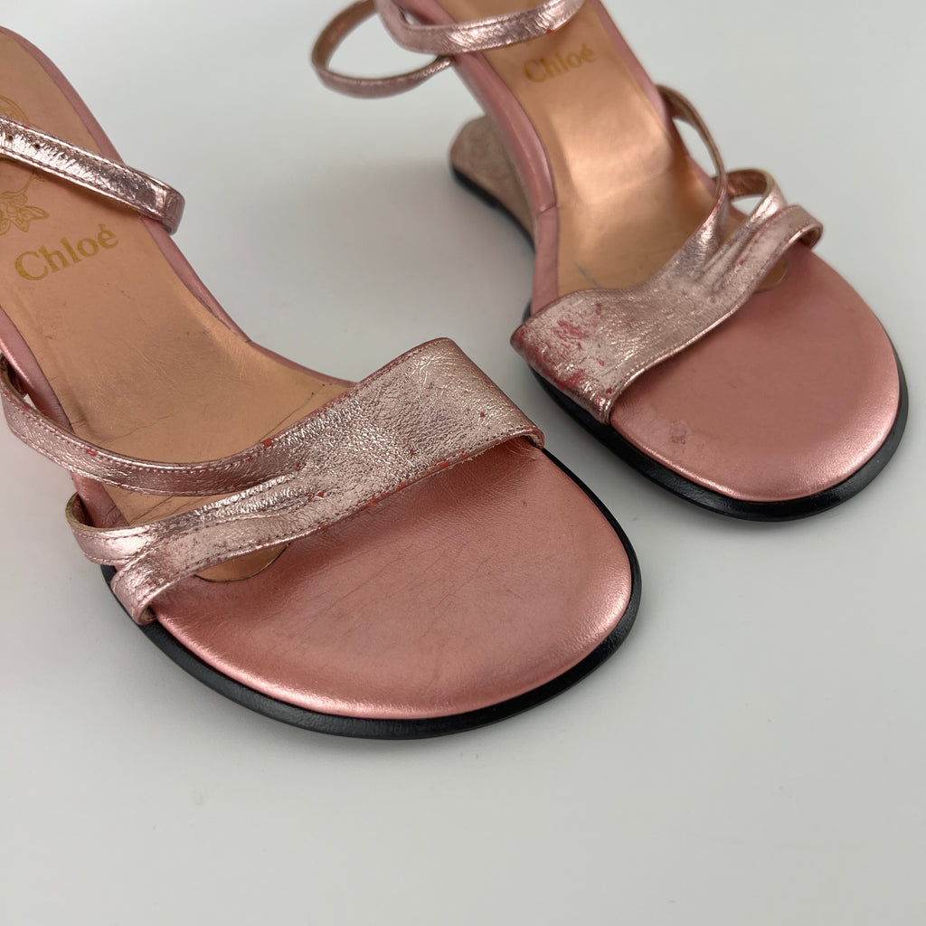 Chloe | Y2K Metallic Pink Leather Sculptural Wedge Heel Ankle Wrap (36)