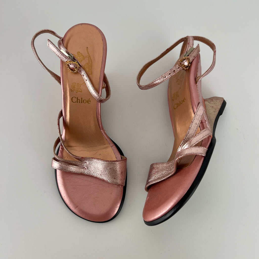 Chloe | Y2K Metallic Pink Leather Sculptural Wedge Heel Ankle Wrap (36)