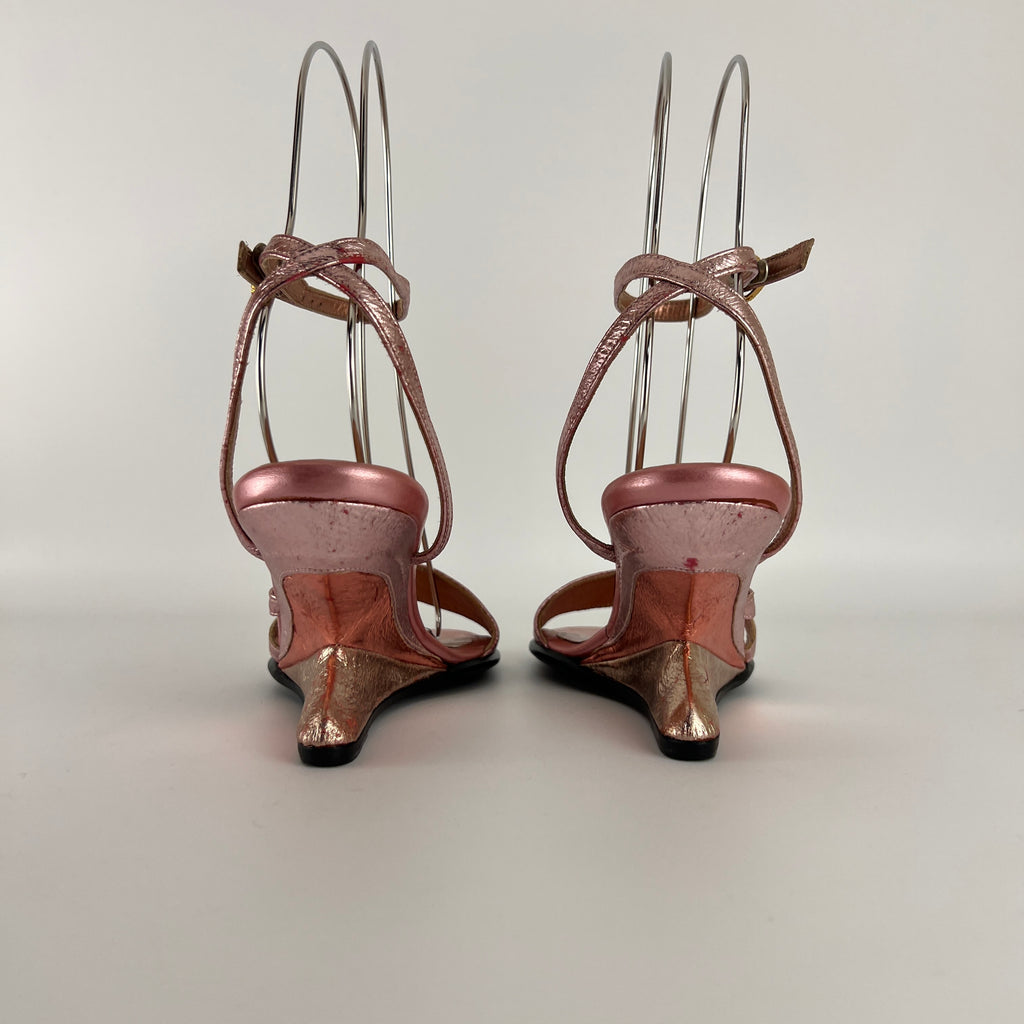 Chloe | Y2K Metallic Pink Leather Sculptural Wedge Heel Ankle Wrap (36)