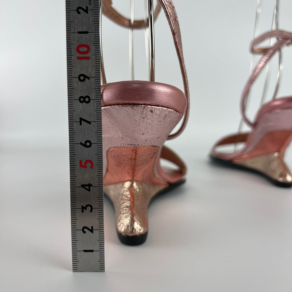 Chloe | Y2K Metallic Pink Leather Sculptural Wedge Heel Ankle Wrap (36)