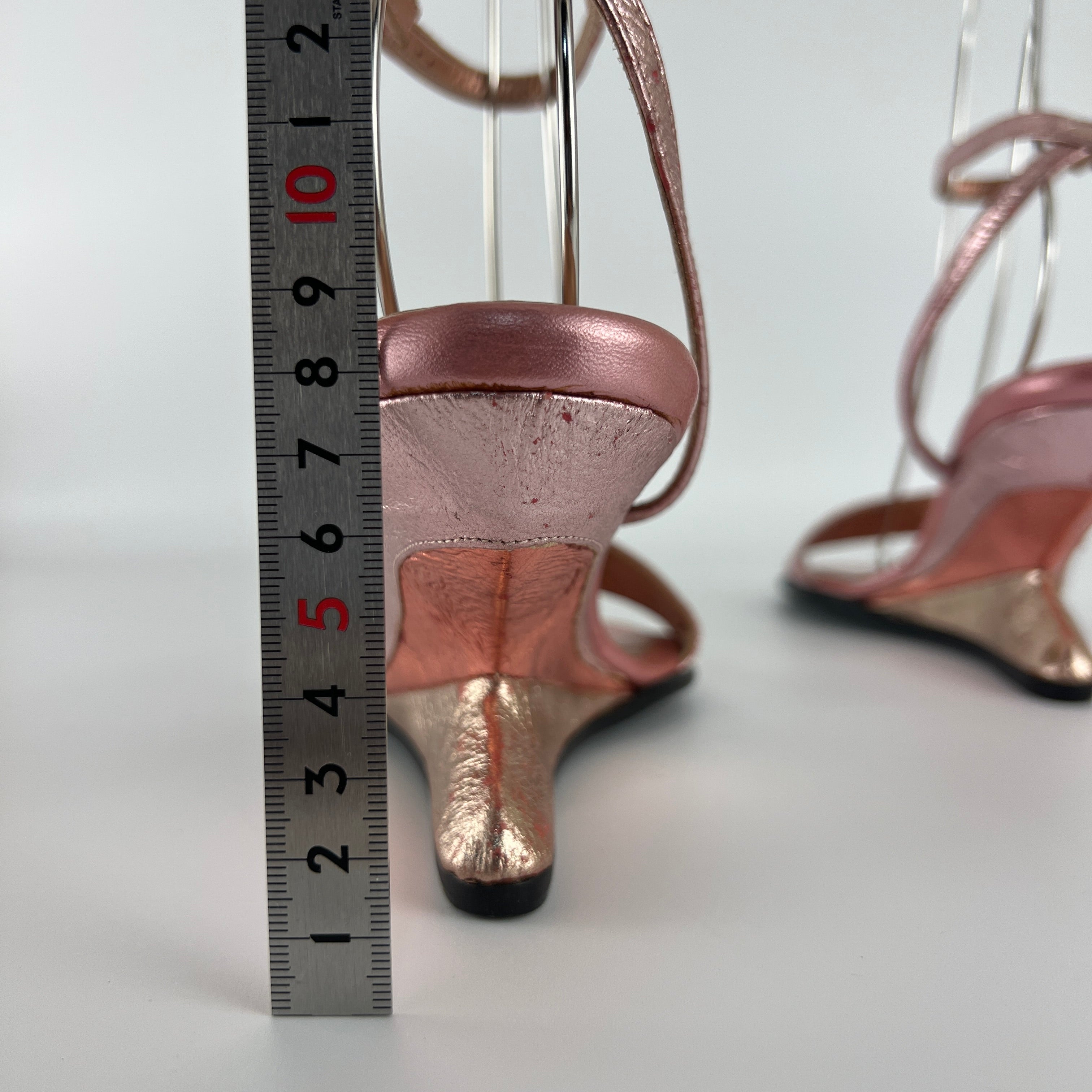 Chloe | Y2K Metallic Pink Leather Sculptural Wedge Heel Ankle Wrap (36)