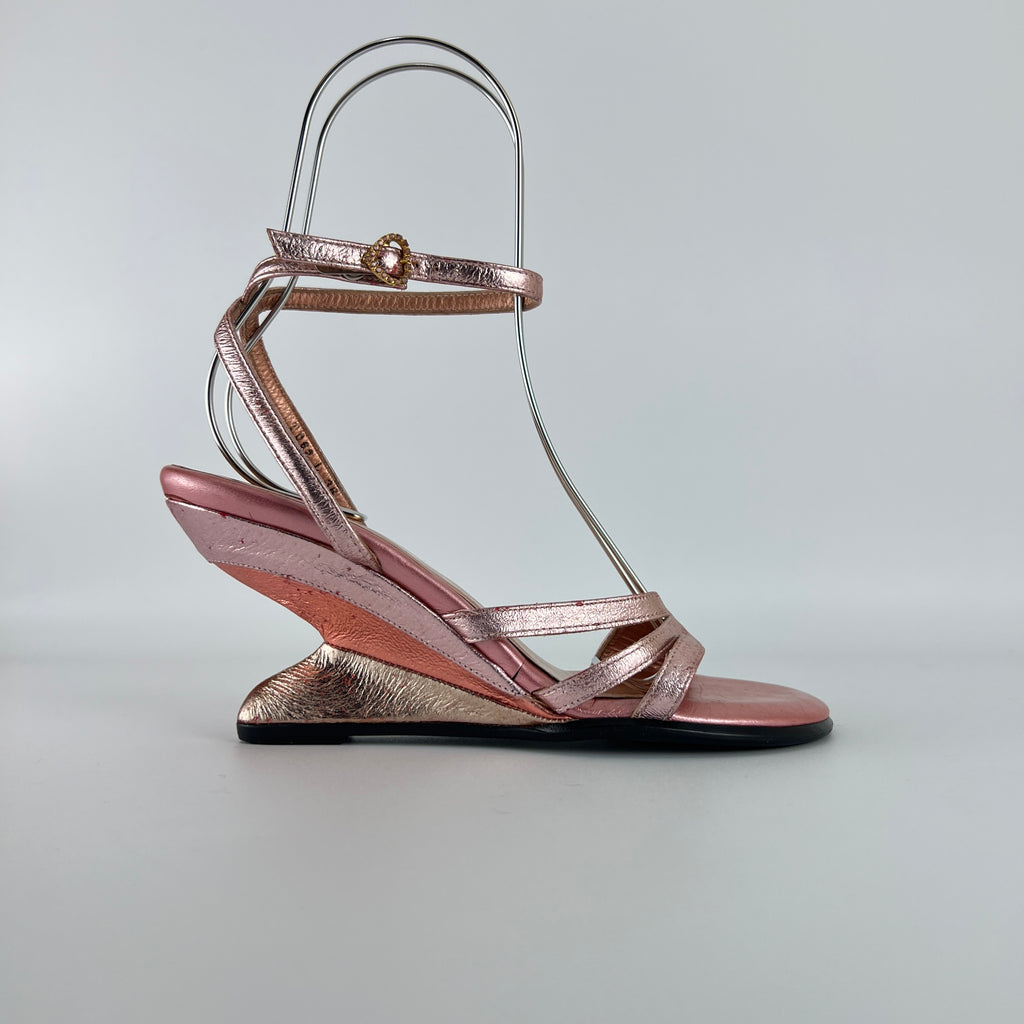 Chloe | Y2K Metallic Pink Leather Sculptural Wedge Heel Ankle Wrap (36)