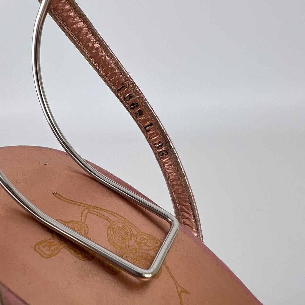 Chloe | Y2K Metallic Pink Leather Sculptural Wedge Heel Ankle Wrap (36)