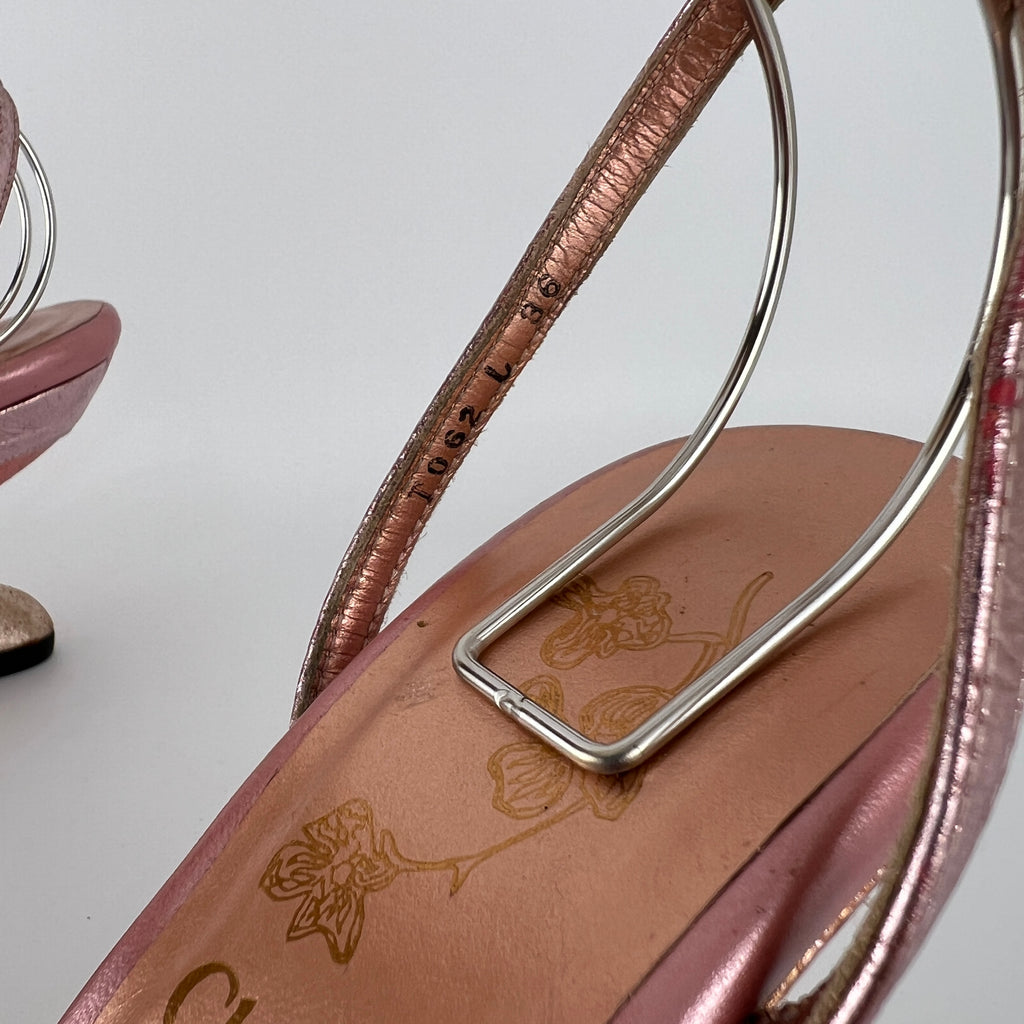 Chloe | Y2K Metallic Pink Leather Sculptural Wedge Heel Ankle Wrap (36)