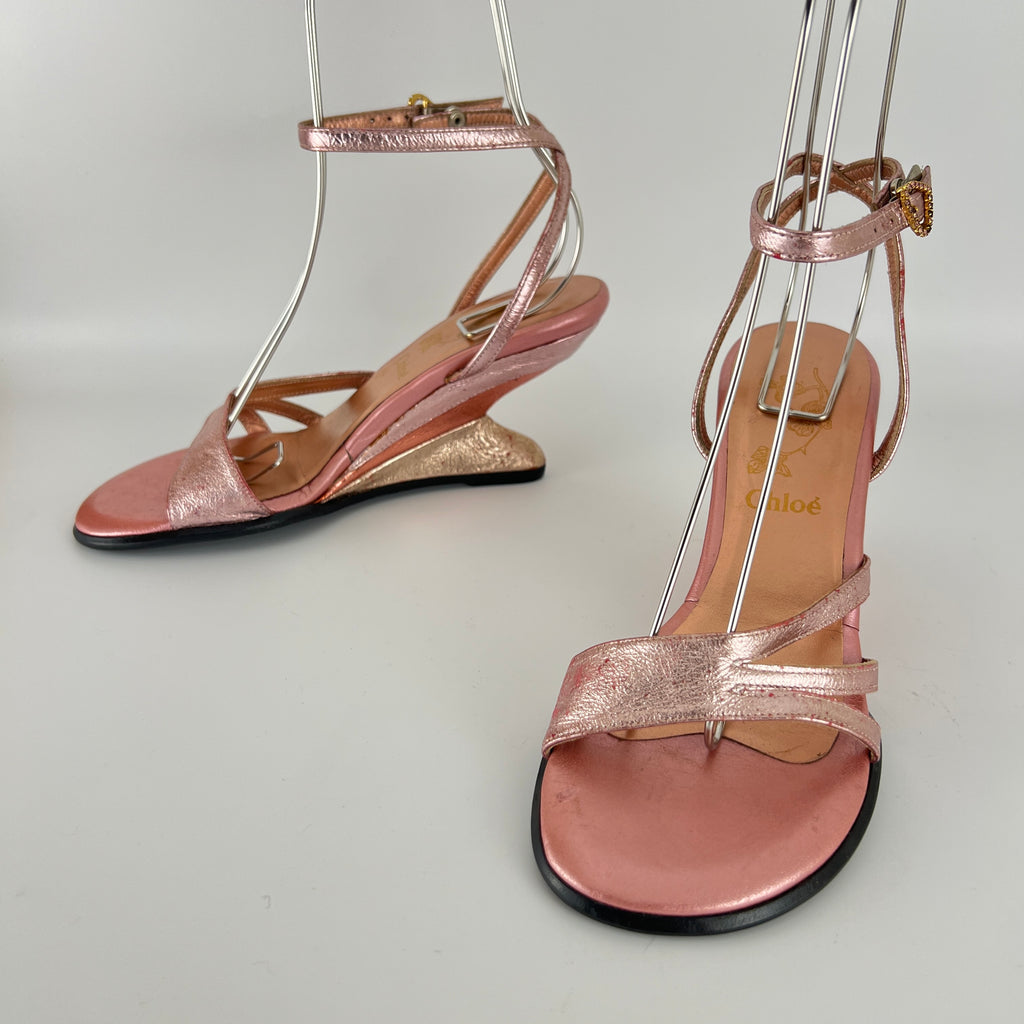 Chloe | Y2K Metallic Pink Leather Sculptural Wedge Heel Ankle Wrap (36)