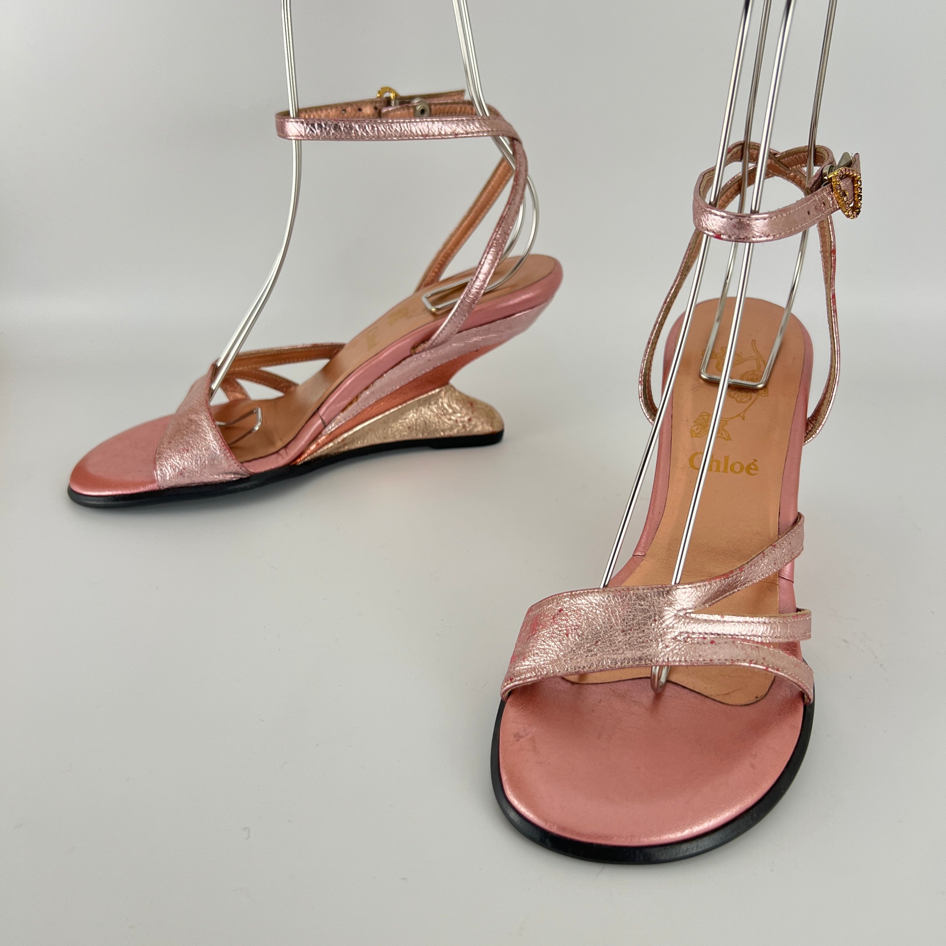 Chloe | Y2K Metallic Pink Leather Sculptural Wedge Heel Ankle Wrap (36)