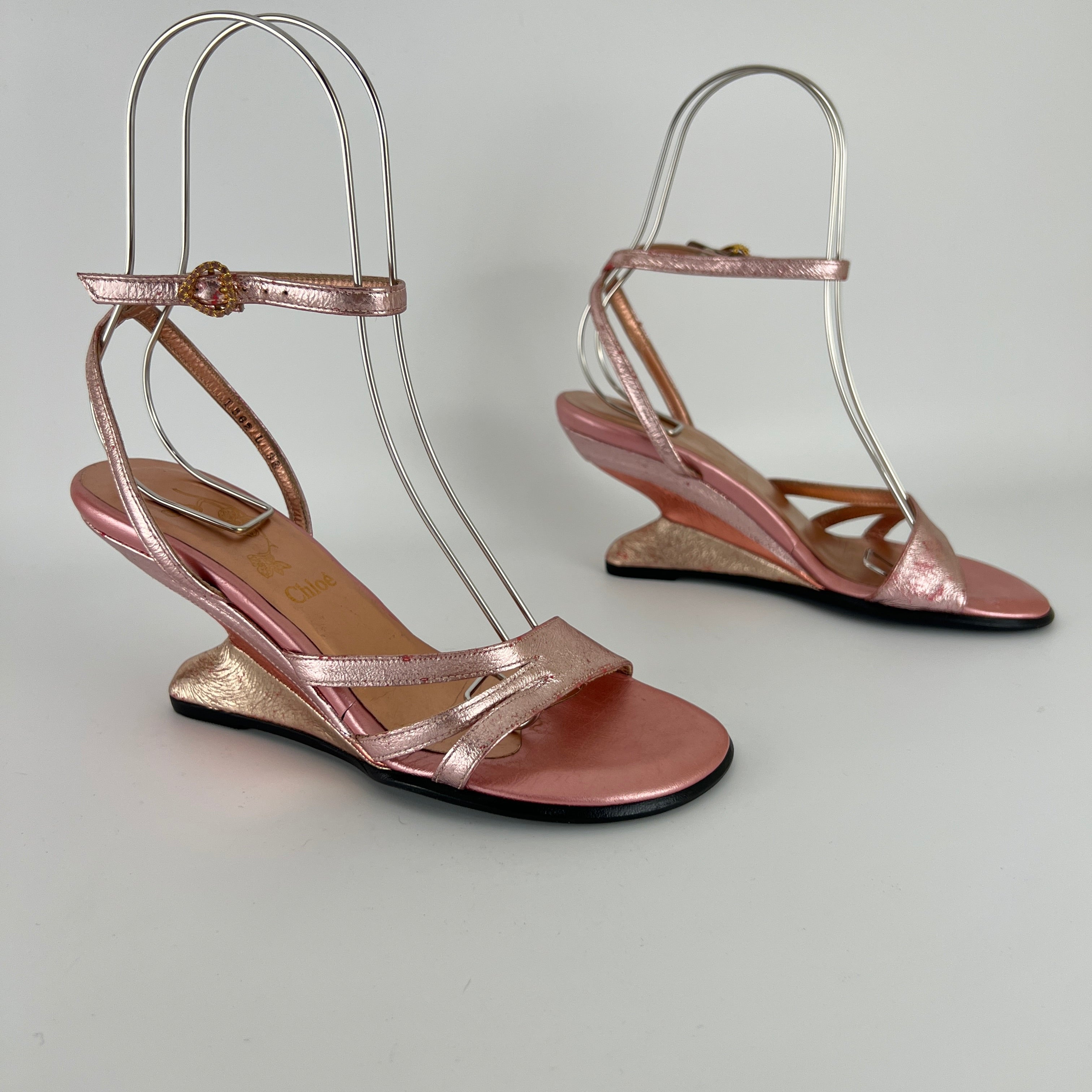 Chloe | Y2K Metallic Pink Leather Sculptural Wedge Heel Ankle Wrap (36)