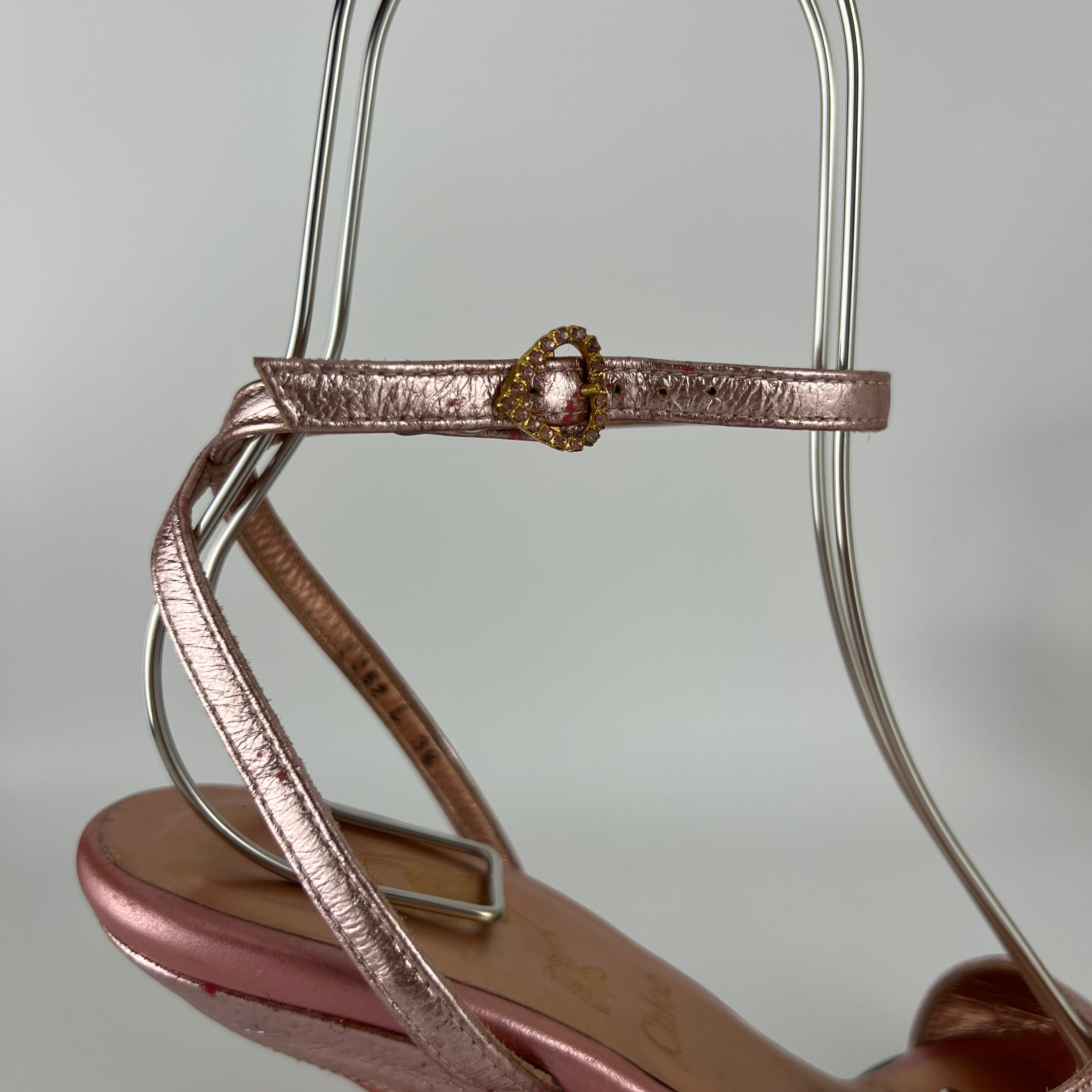 Chloe | Y2K Metallic Pink Leather Sculptural Wedge Heel Ankle Wrap (36)