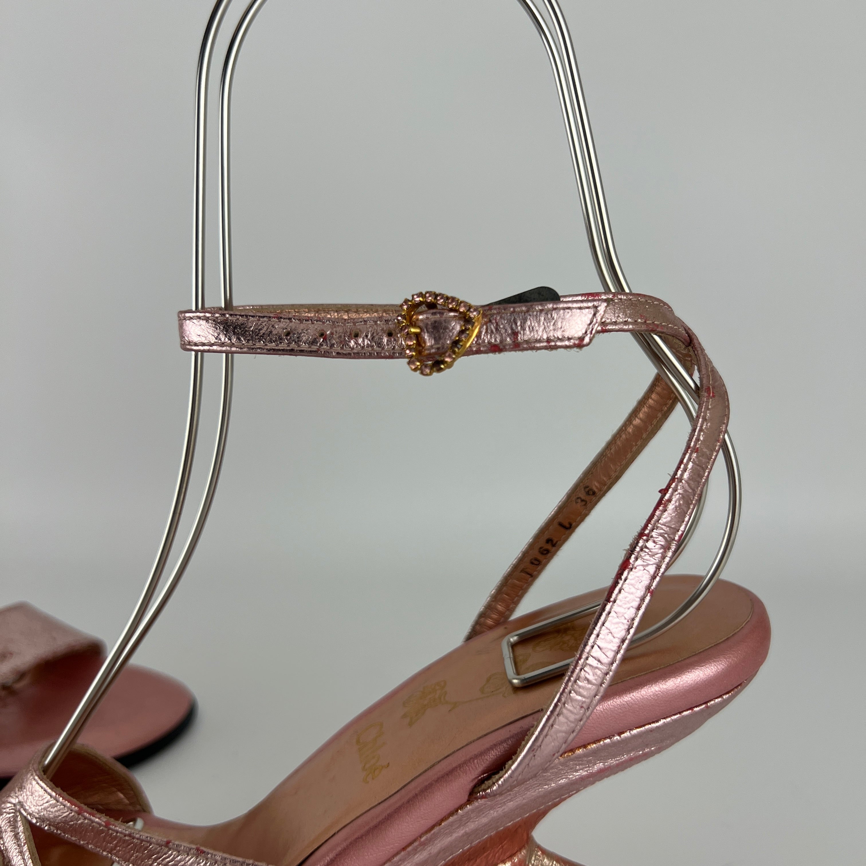 Chloe | Y2K Metallic Pink Leather Sculptural Wedge Heel Ankle Wrap (36)
