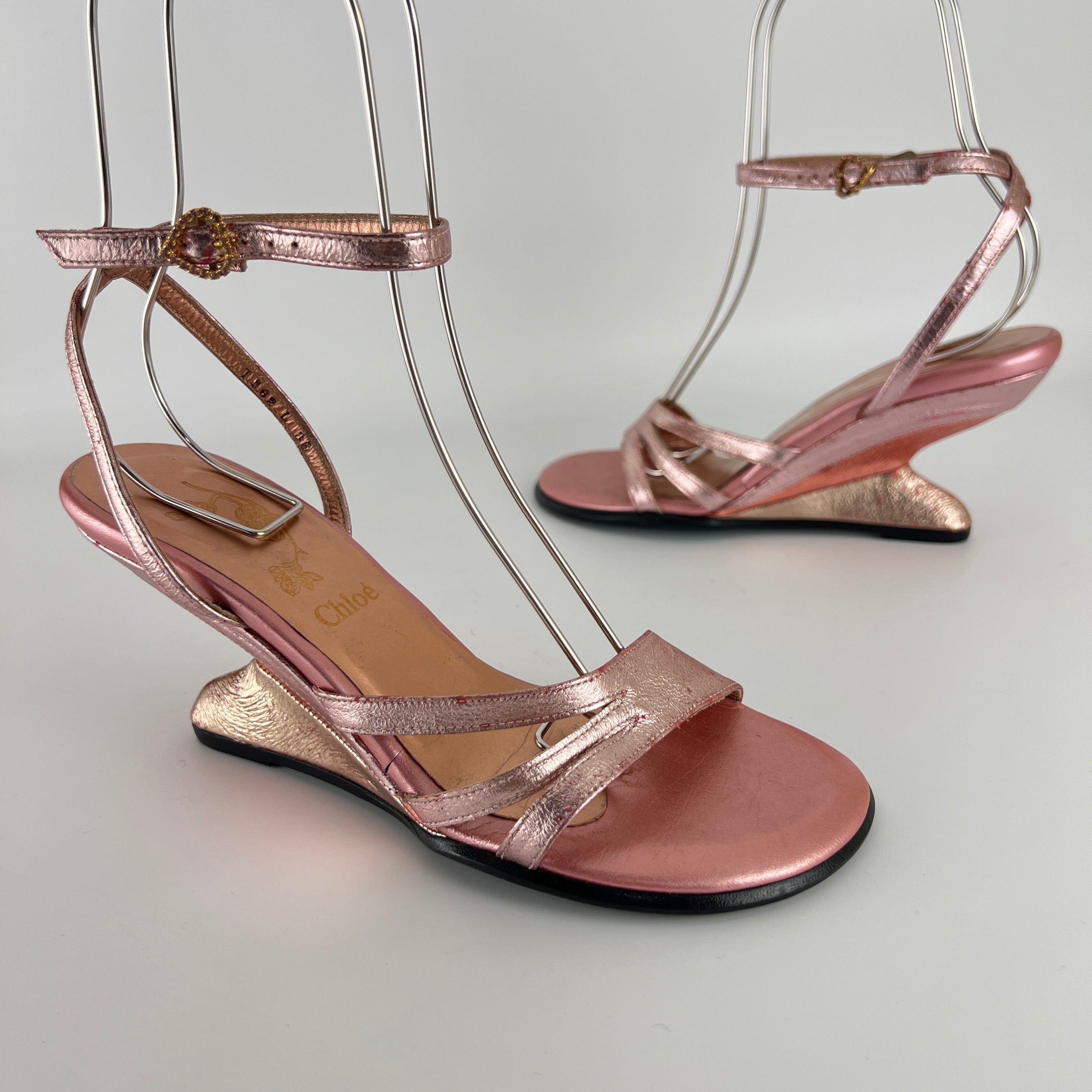 Chloe | Y2K Metallic Pink Leather Sculptural Wedge Heel Ankle Wrap (36)
