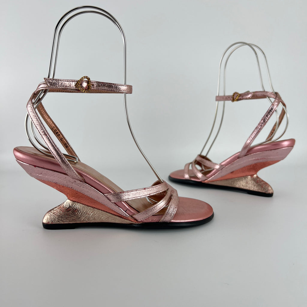 Chloe | Y2K Metallic Pink Leather Sculptural Wedge Heel Ankle Wrap (36)