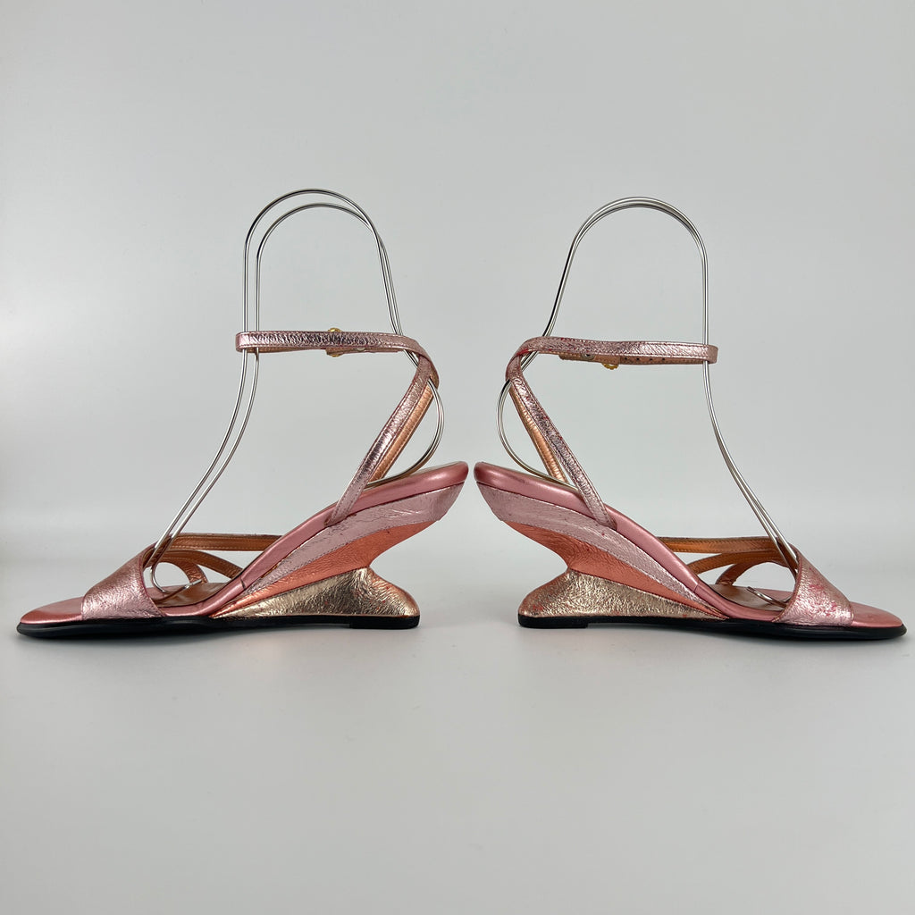 Chloe | Y2K Metallic Pink Leather Sculptural Wedge Heel Ankle Wrap (36)