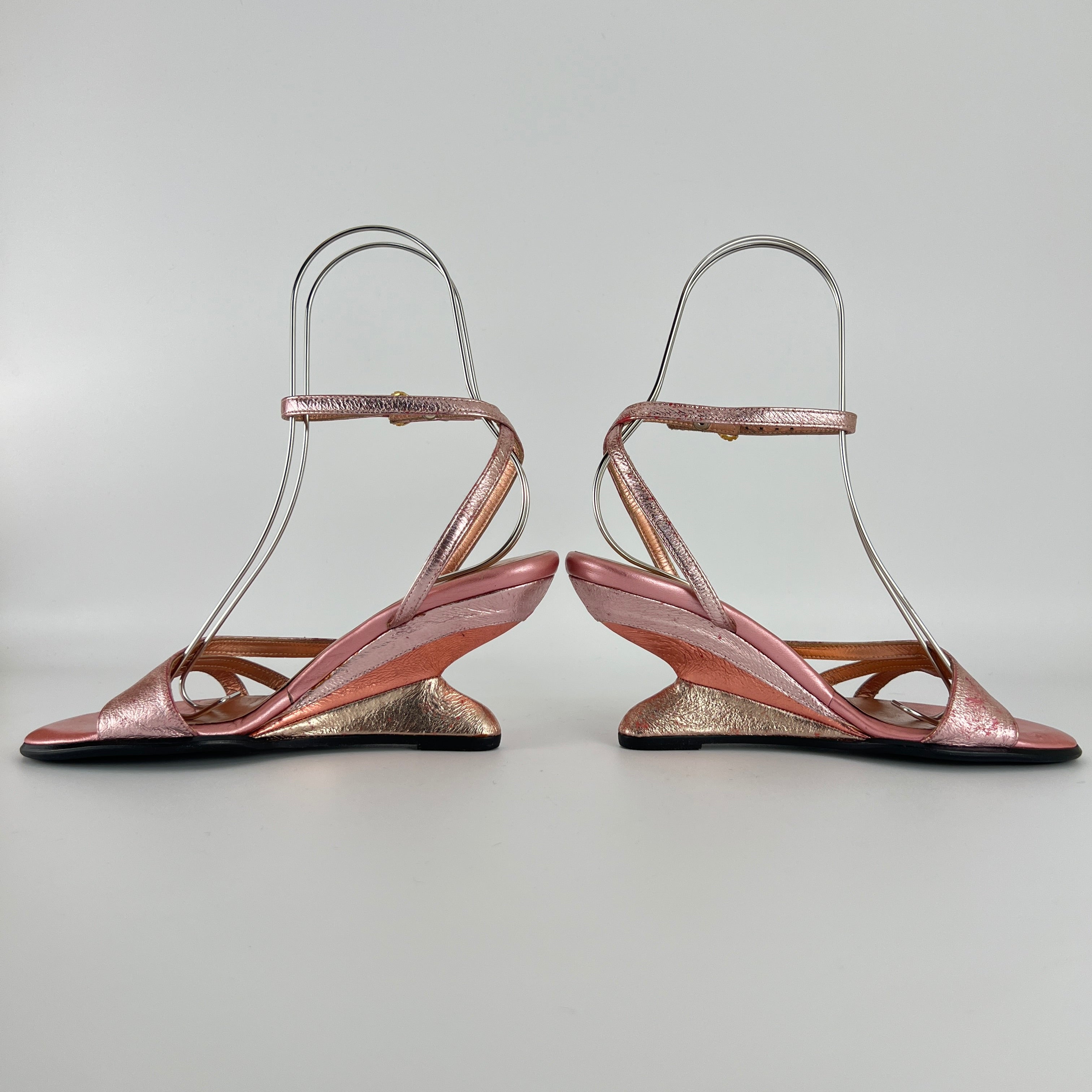 Chloe | Y2K Metallic Pink Leather Sculptural Wedge Heel Ankle Wrap (36)