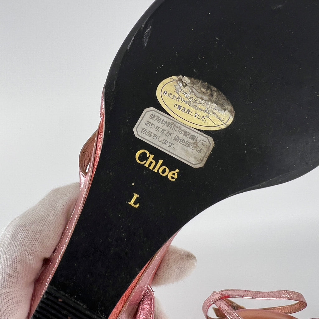 Chloe | Y2K Metallic Pink Leather Sculptural Wedge Heel Ankle Wrap (36)