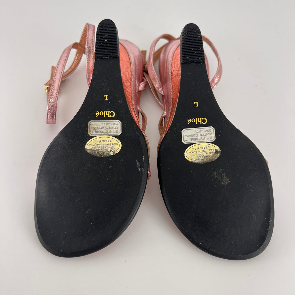 Chloe | Y2K Metallic Pink Leather Sculptural Wedge Heel Ankle Wrap (36)