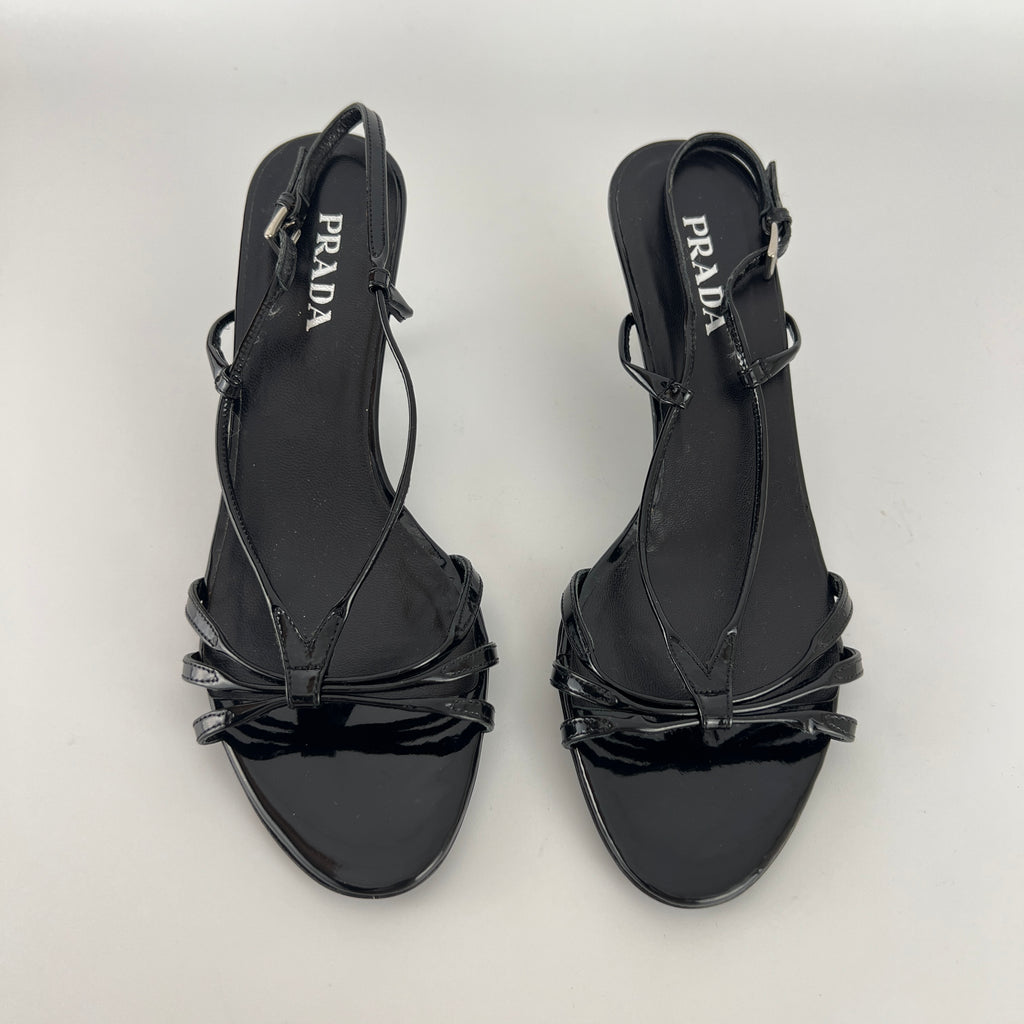 Prada | Y2K Black Patent Leather Strappy Kitten Wedge Heel (39)
