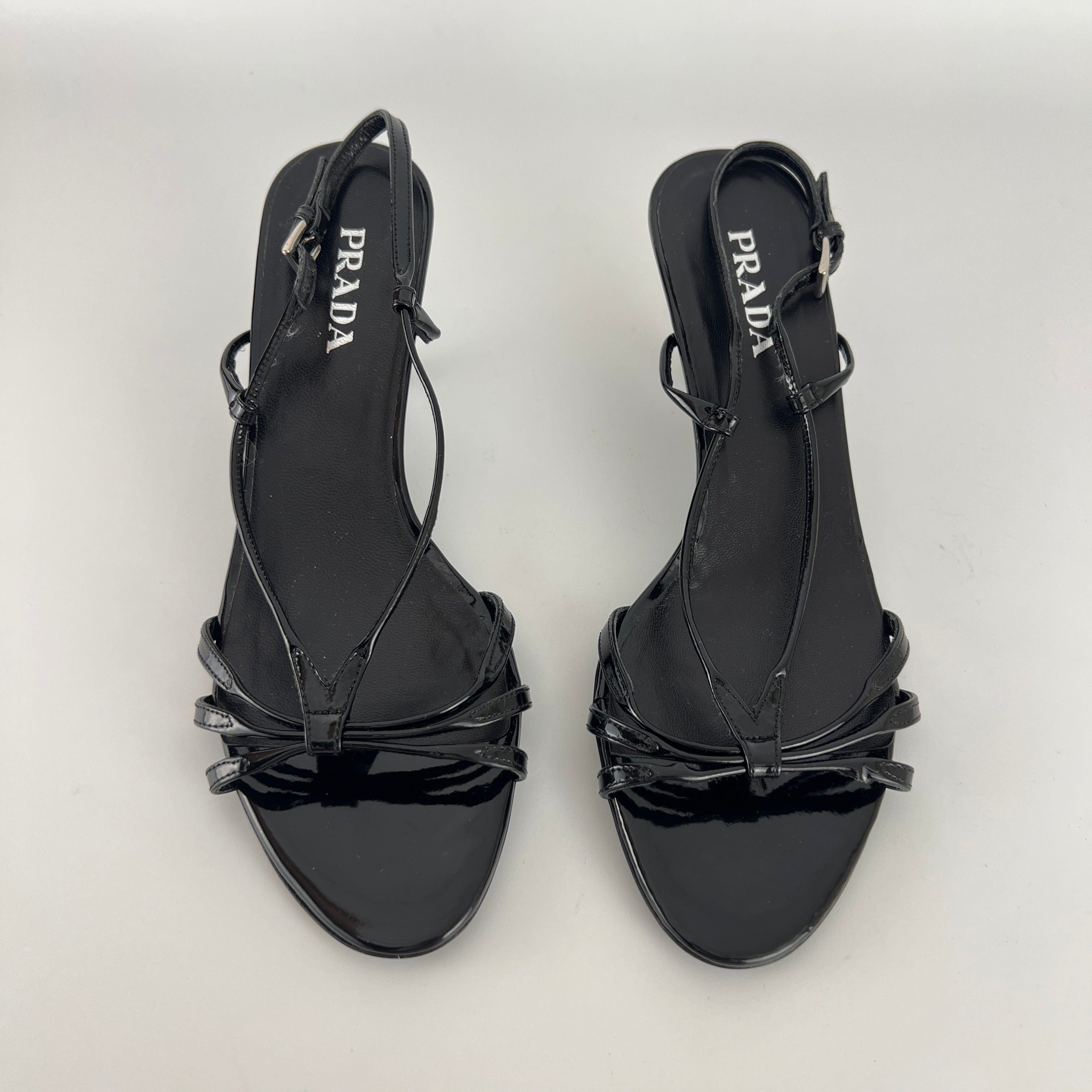 Prada | Y2K Black Patent Leather Strappy Kitten Wedge Heel (39)