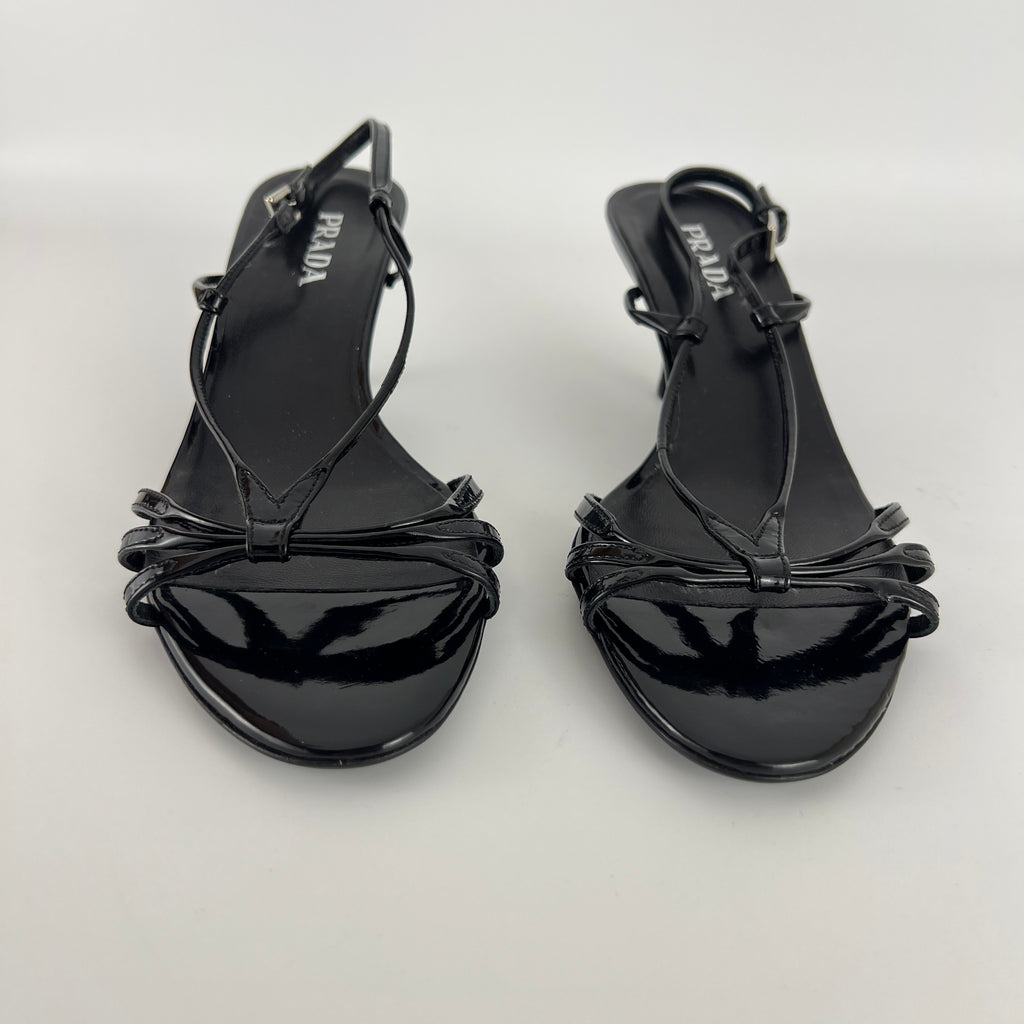 Prada | Y2K Black Patent Leather Strappy Kitten Wedge Heel (39)