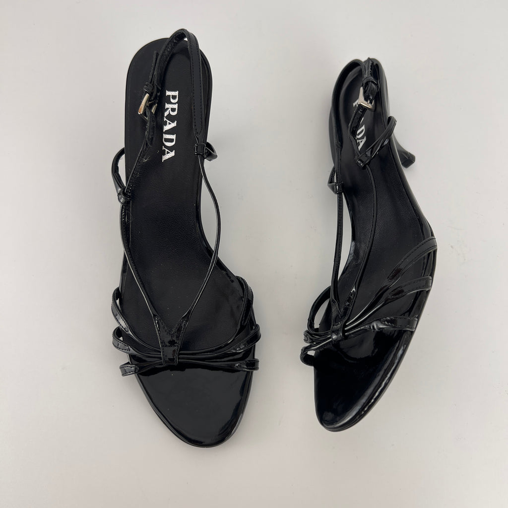 Prada | Y2K Black Patent Leather Strappy Kitten Wedge Heel (39)