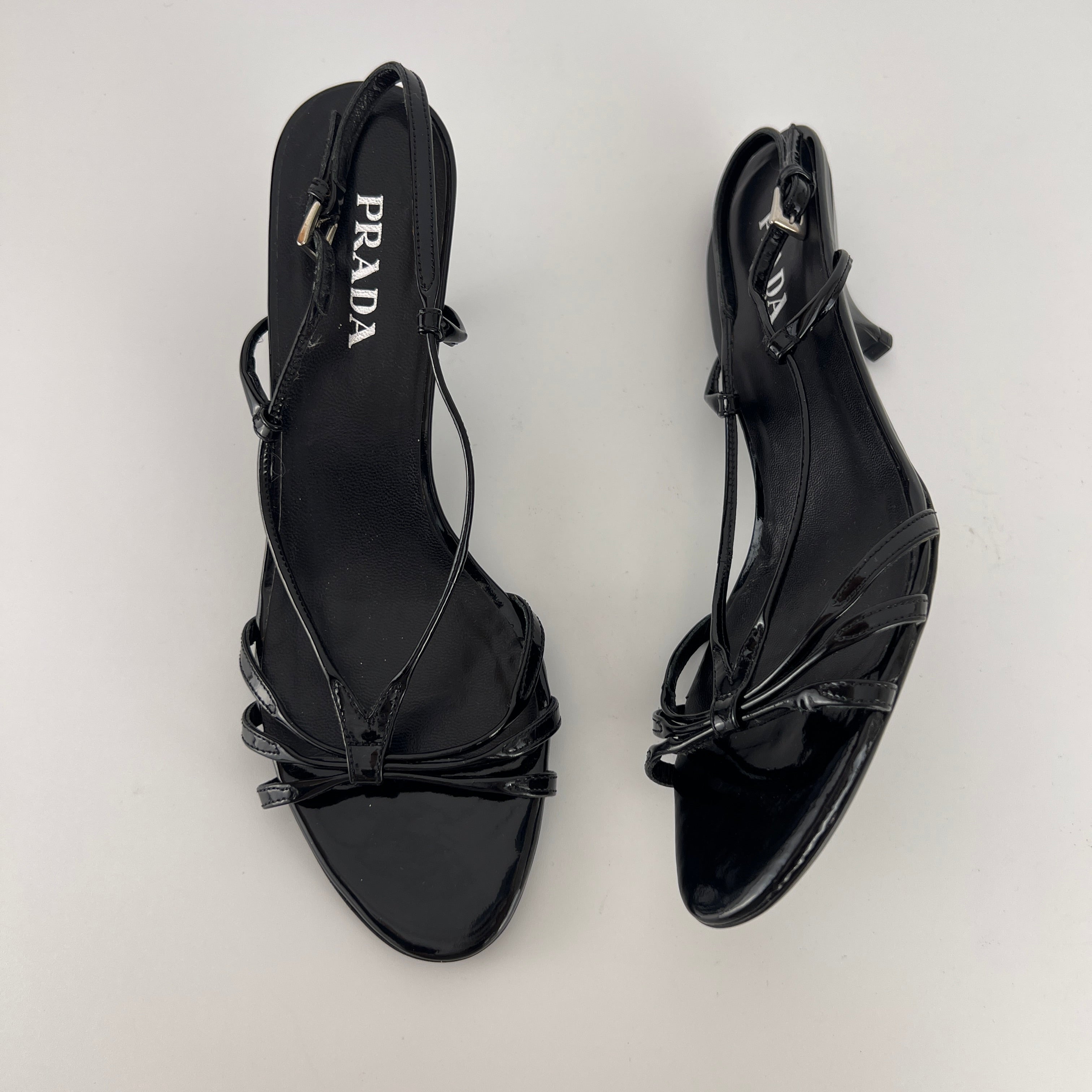 Prada | Y2K Black Patent Leather Strappy Kitten Wedge Heel (39)