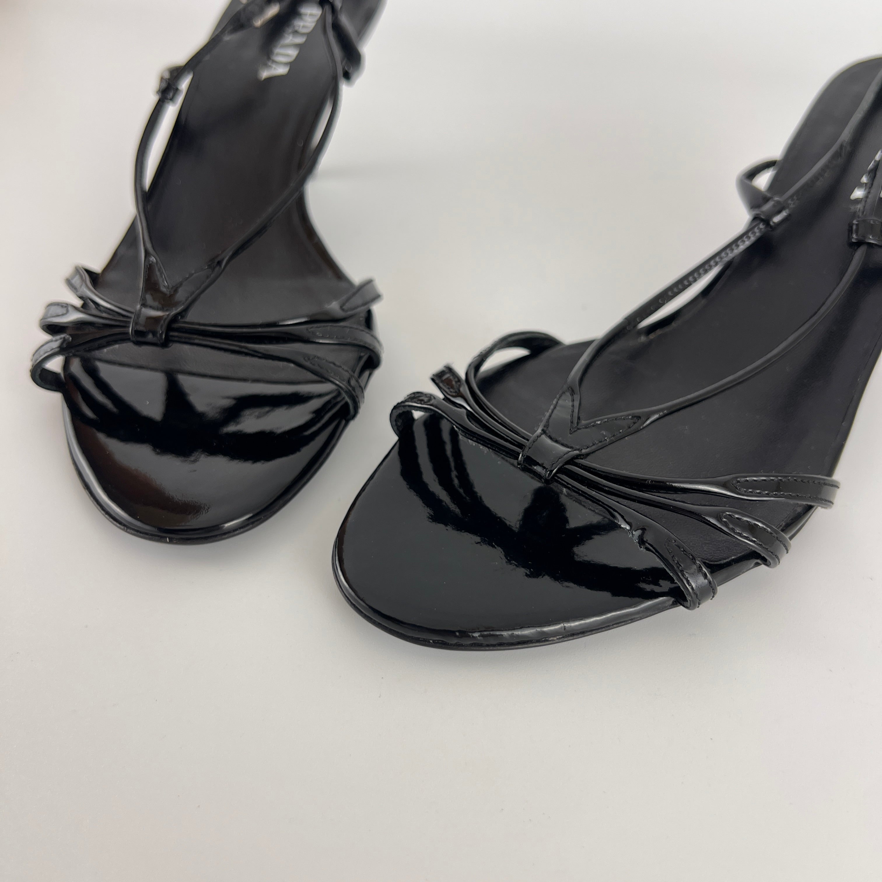 Prada | Y2K Black Patent Leather Strappy Kitten Wedge Heel (39)