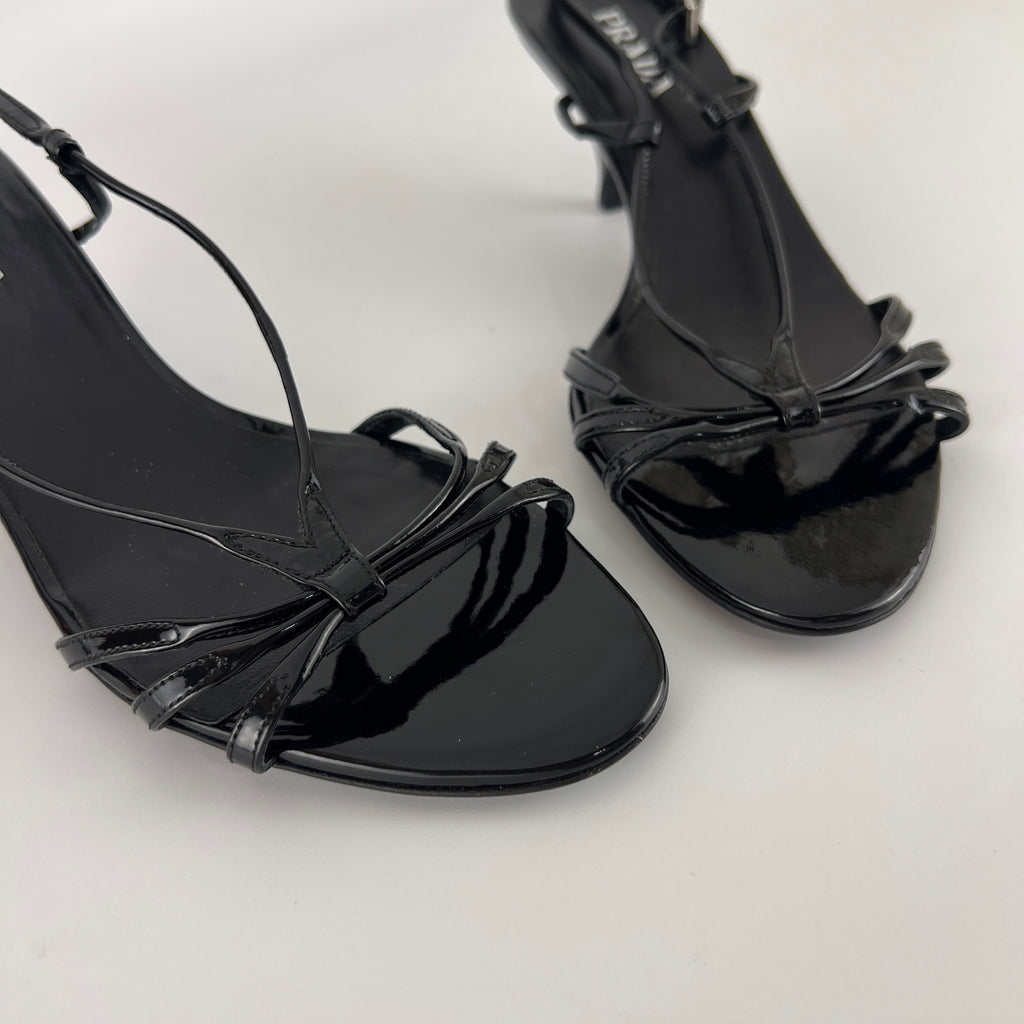 Prada | Y2K Black Patent Leather Strappy Kitten Wedge Heel (39)