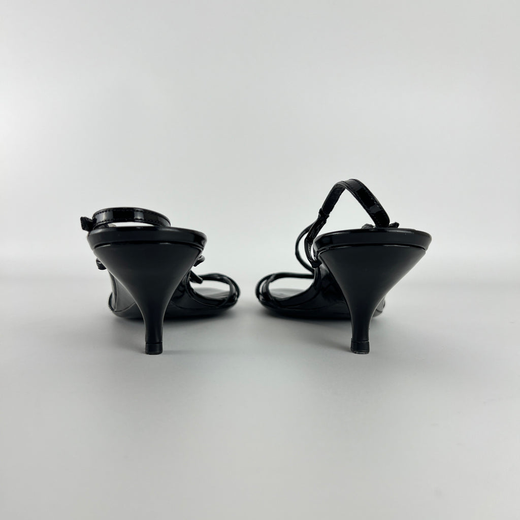 Prada | Y2K Black Patent Leather Strappy Kitten Wedge Heel (39)