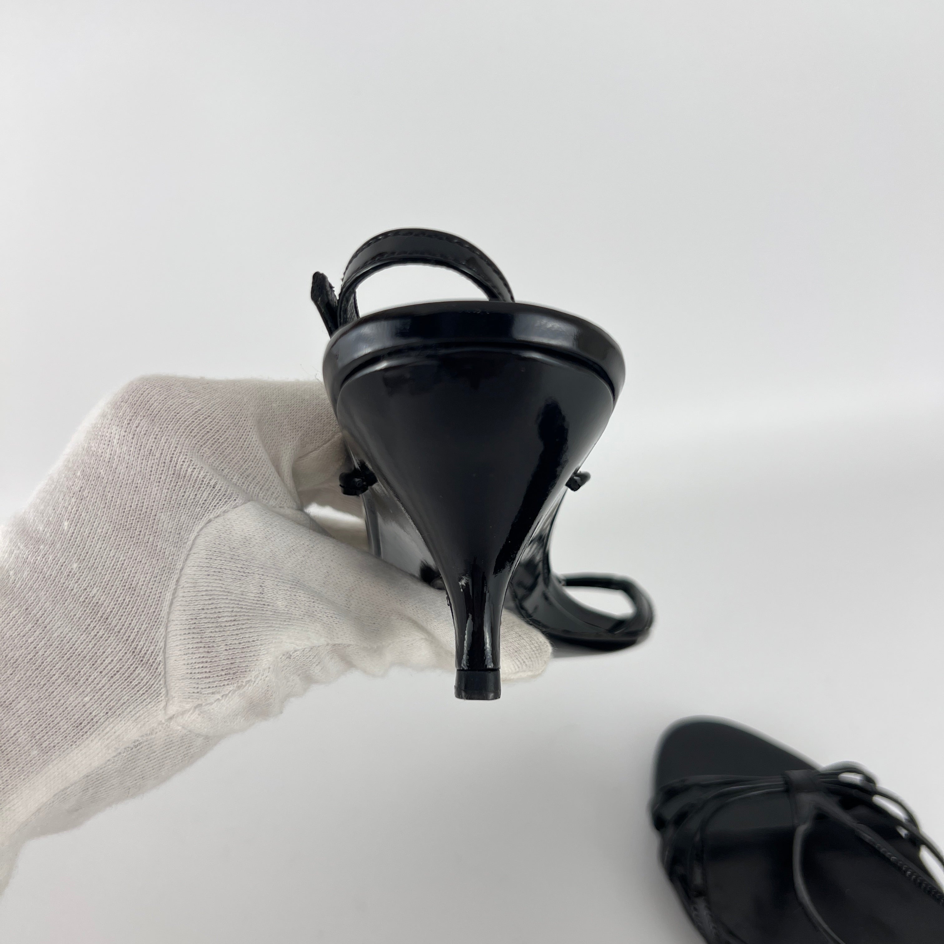 Prada | Y2K Black Patent Leather Strappy Kitten Wedge Heel (39)