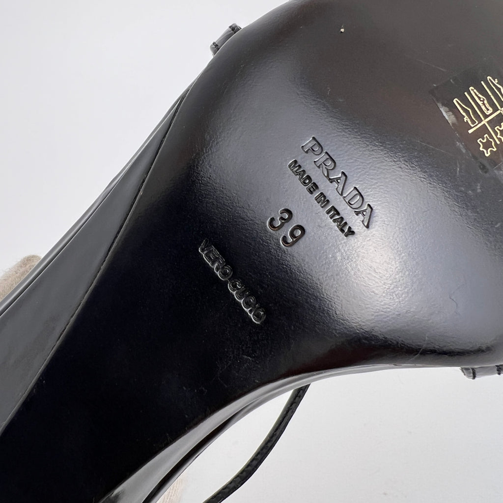 Prada | Y2K Black Patent Leather Strappy Kitten Wedge Heel (39)