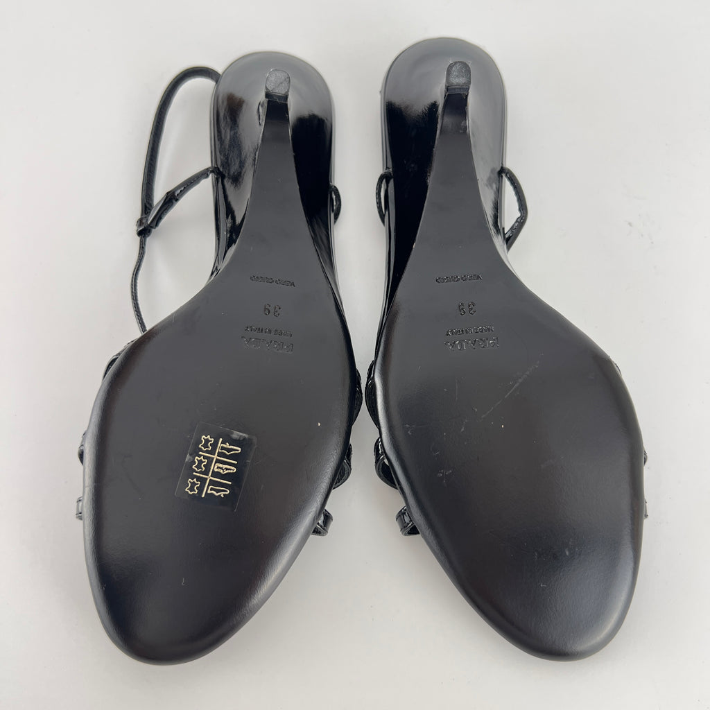Prada | Y2K Black Patent Leather Strappy Kitten Wedge Heel (39)