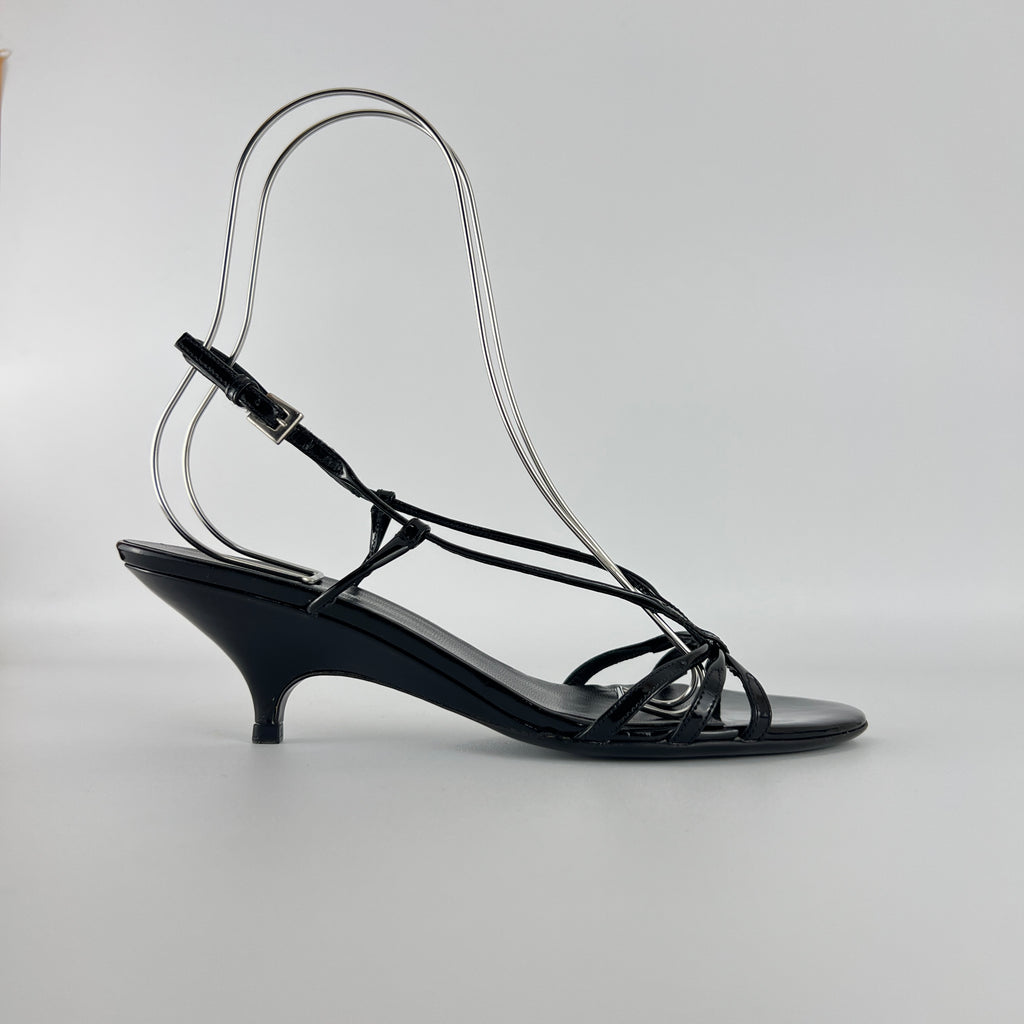 Prada | Y2K Black Patent Leather Strappy Kitten Wedge Heel (39)