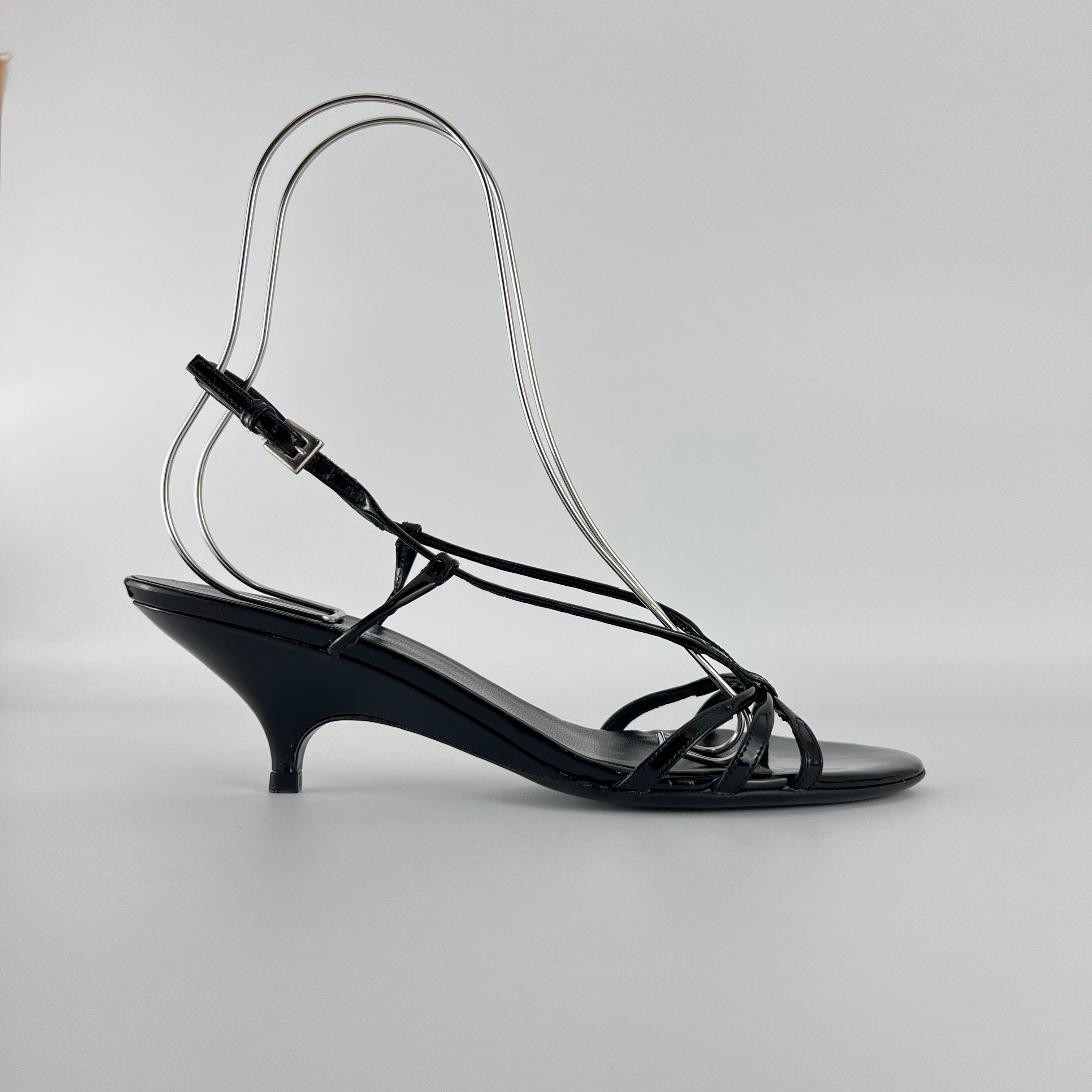 Prada | Y2K Black Patent Leather Strappy Kitten Wedge Heel (39)
