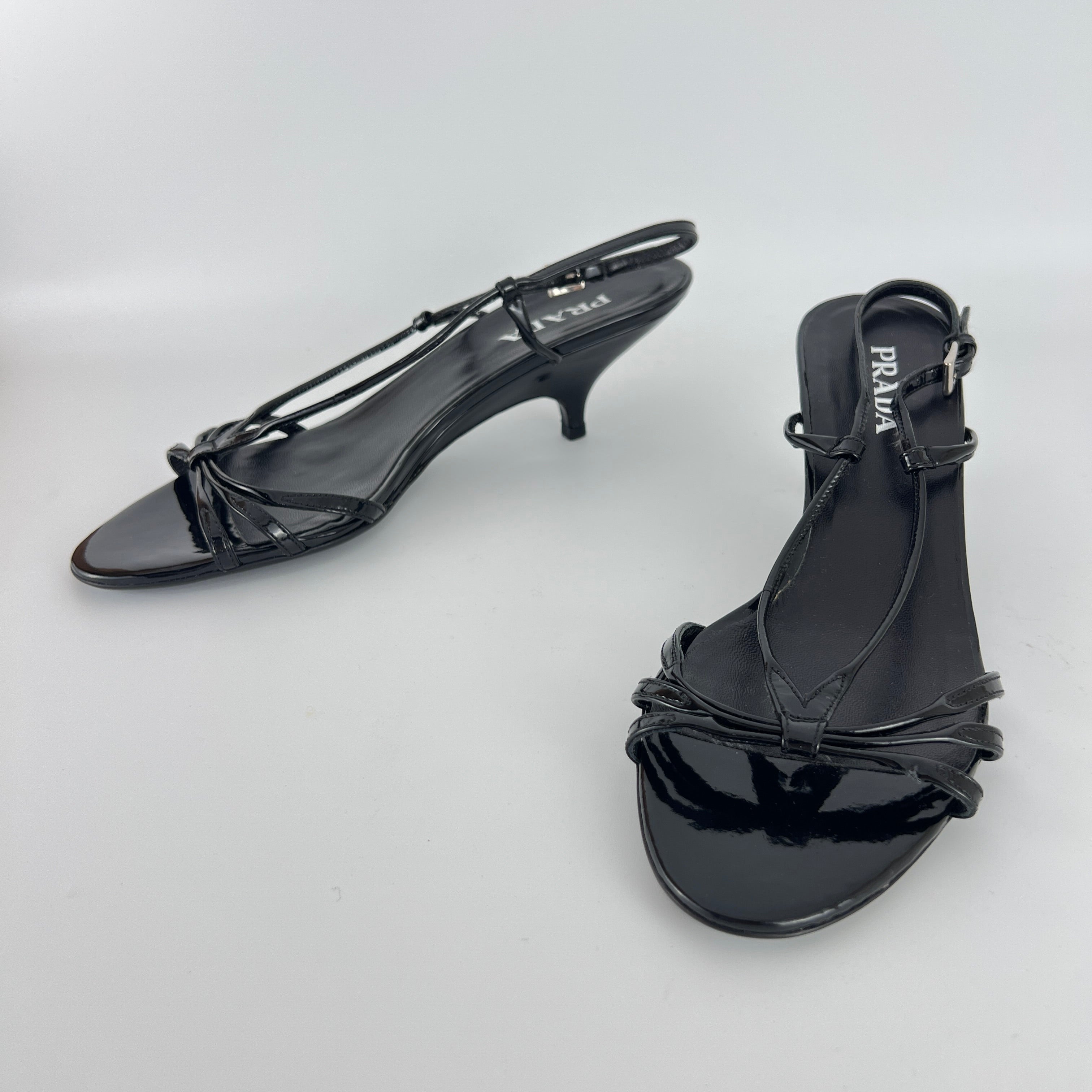Prada | Y2K Black Patent Leather Strappy Kitten Wedge Heel (39)