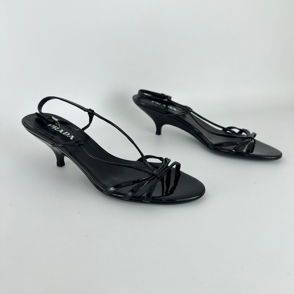 Prada | Y2K Black Patent Leather Strappy Kitten Wedge Heel (39)