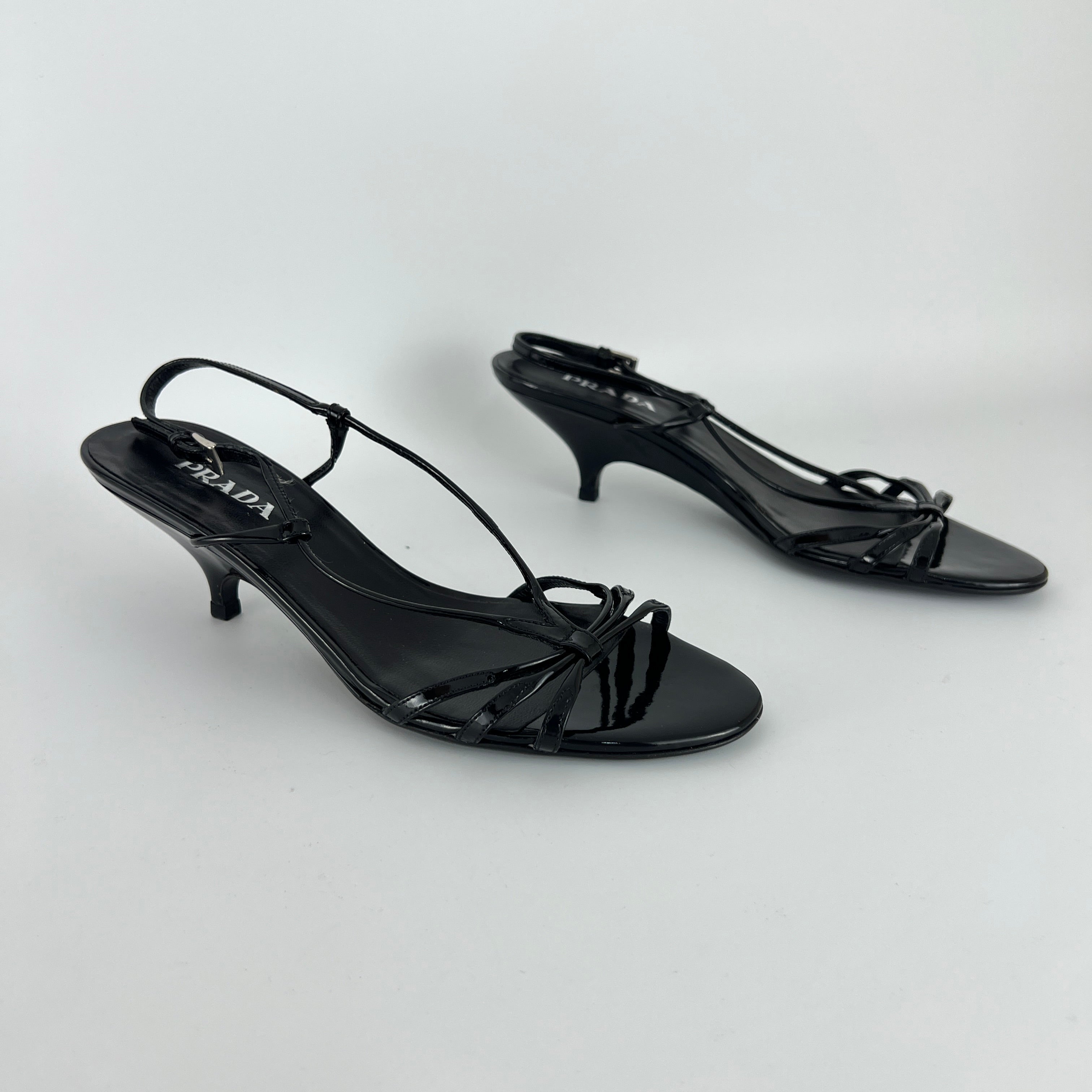 Prada | Y2K Black Patent Leather Strappy Kitten Wedge Heel (39)