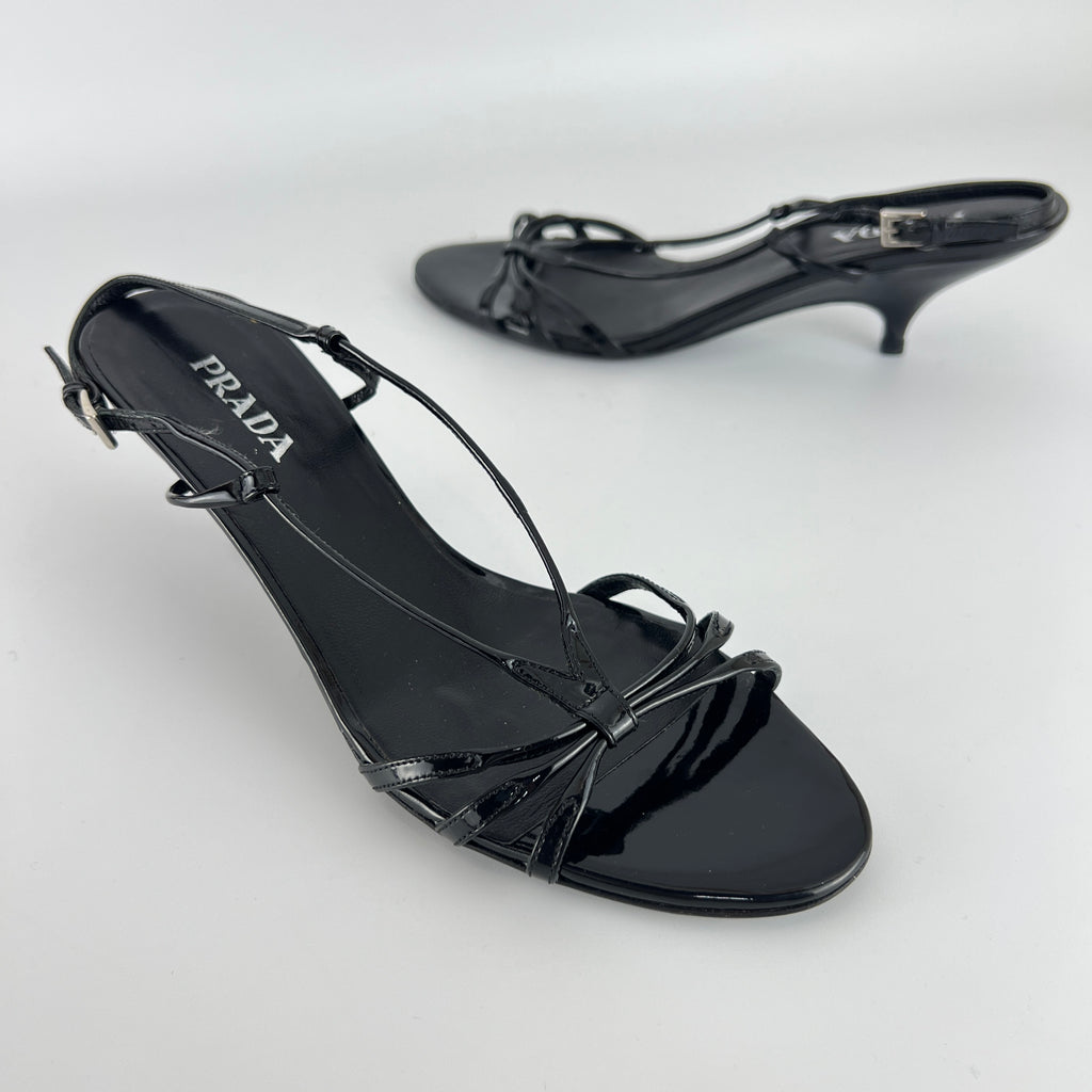 Prada | Y2K Black Patent Leather Strappy Kitten Wedge Heel (39)