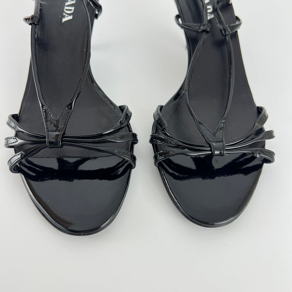 Prada | Y2K Black Patent Leather Strappy Kitten Wedge Heel (39)