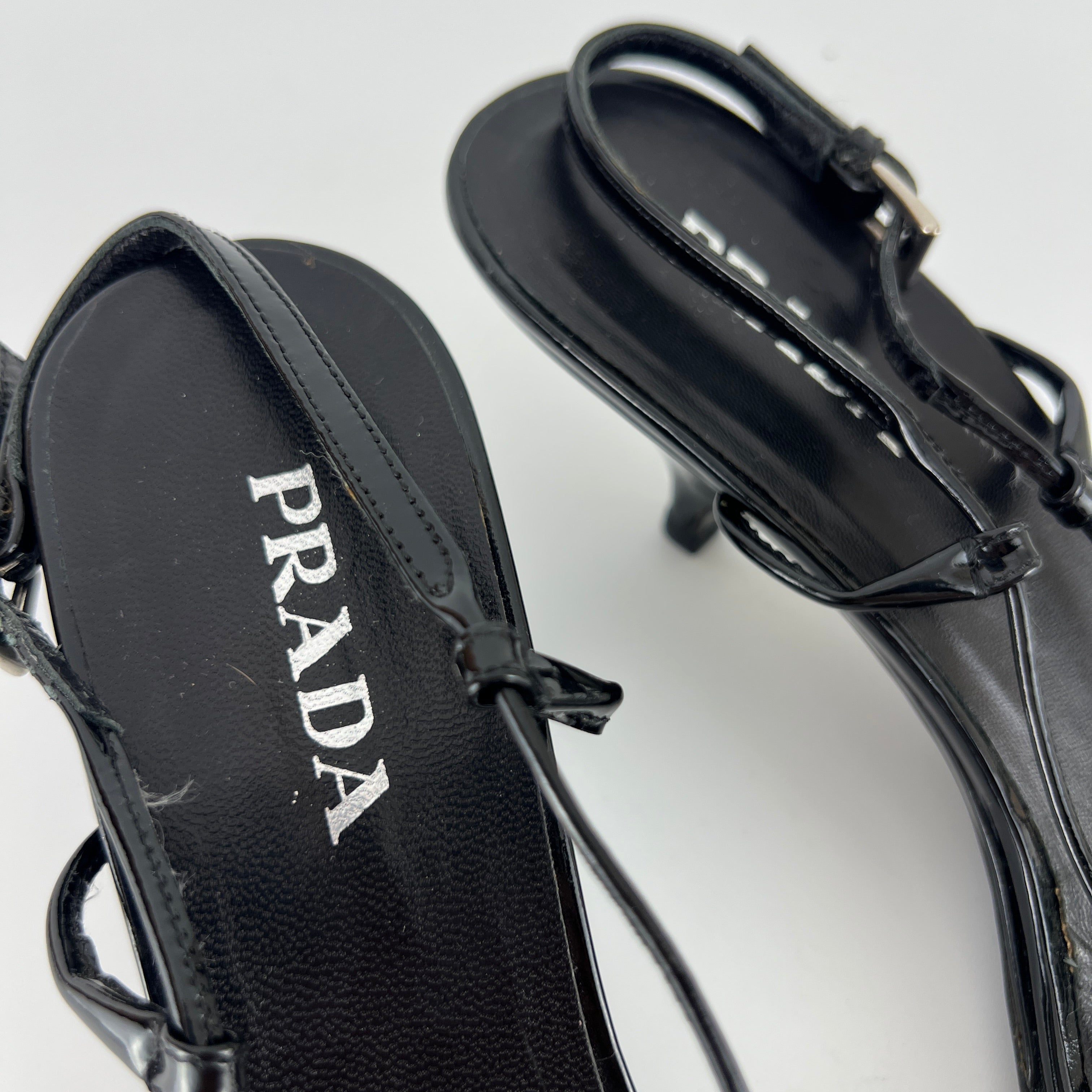 Prada | Y2K Black Patent Leather Strappy Kitten Wedge Heel (39)