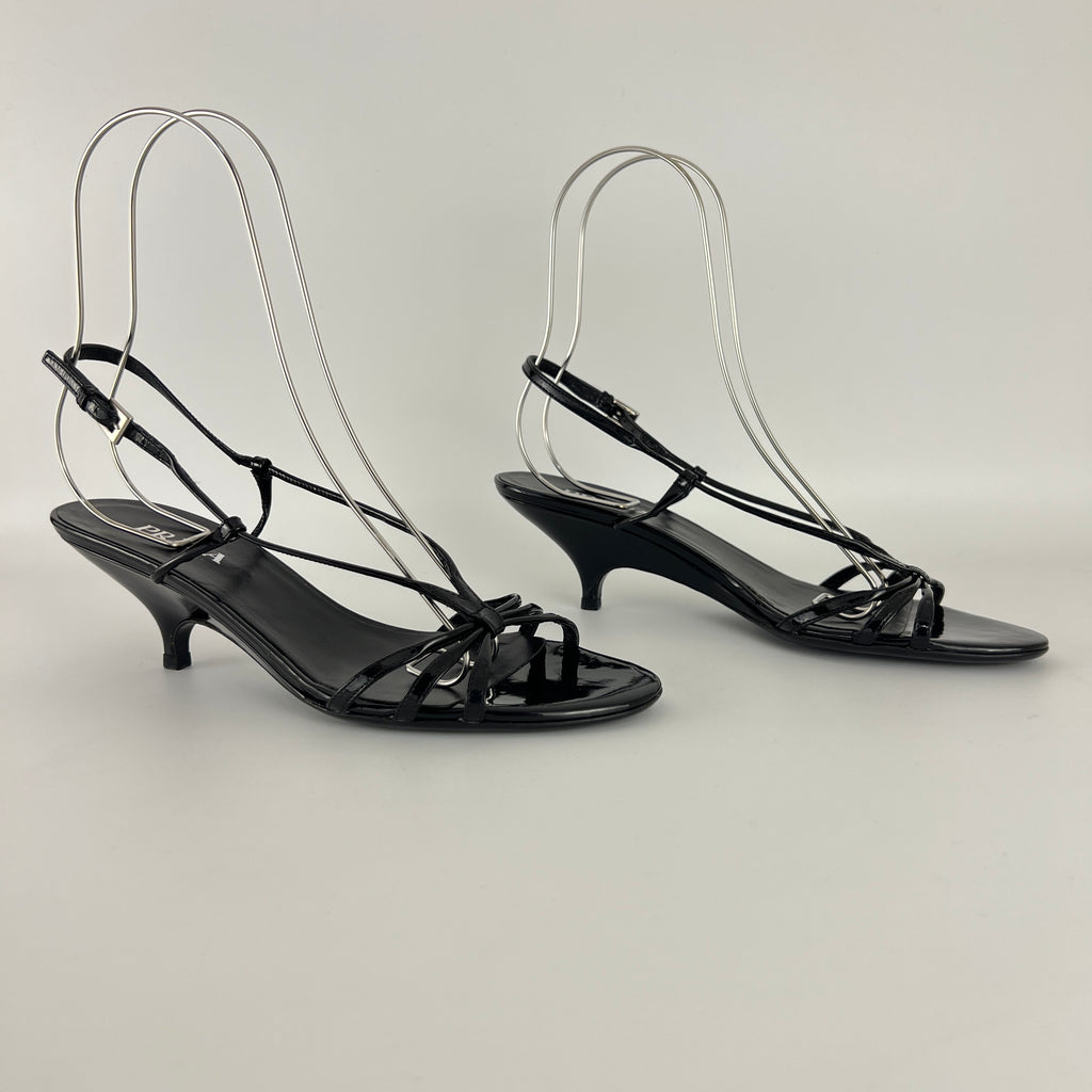 Prada | Y2K Black Patent Leather Strappy Kitten Wedge Heel (39)