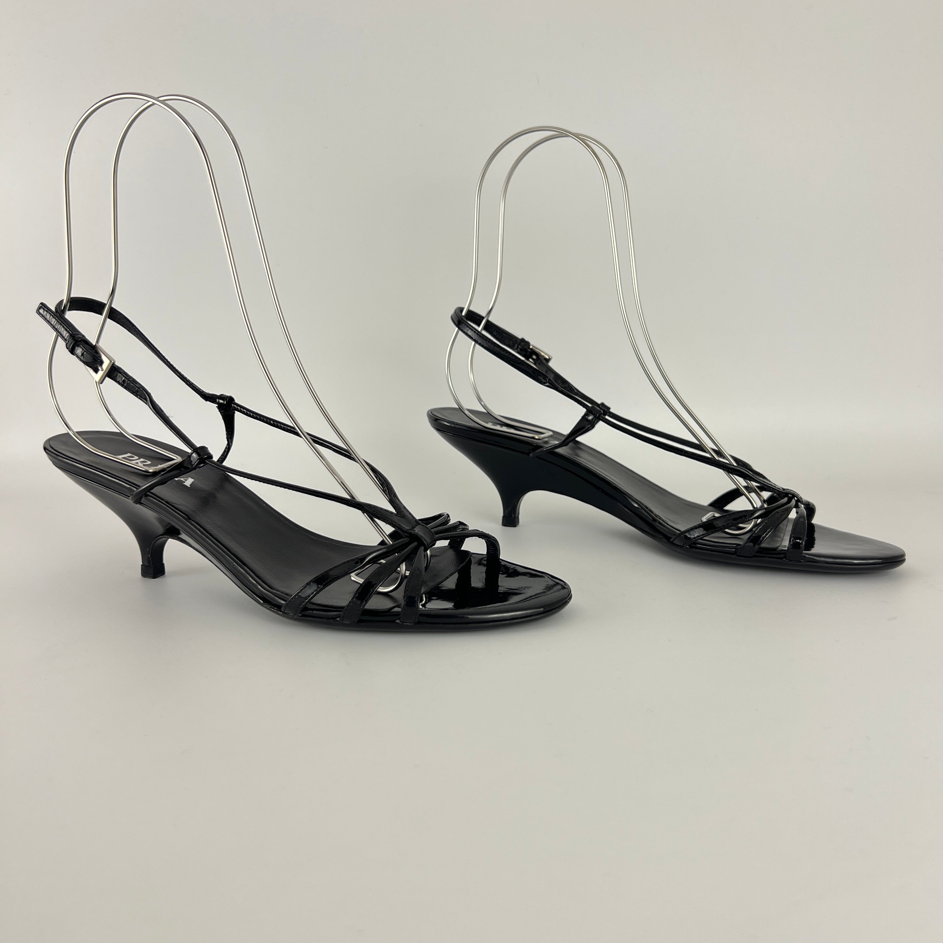 Prada | Y2K Black Patent Leather Strappy Kitten Wedge Heel (39)