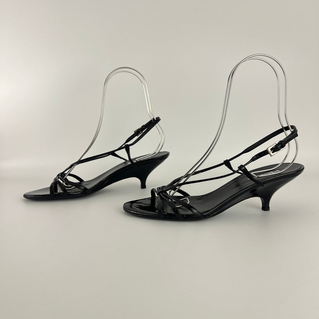 Prada | Y2K Black Patent Leather Strappy Kitten Wedge Heel (39)