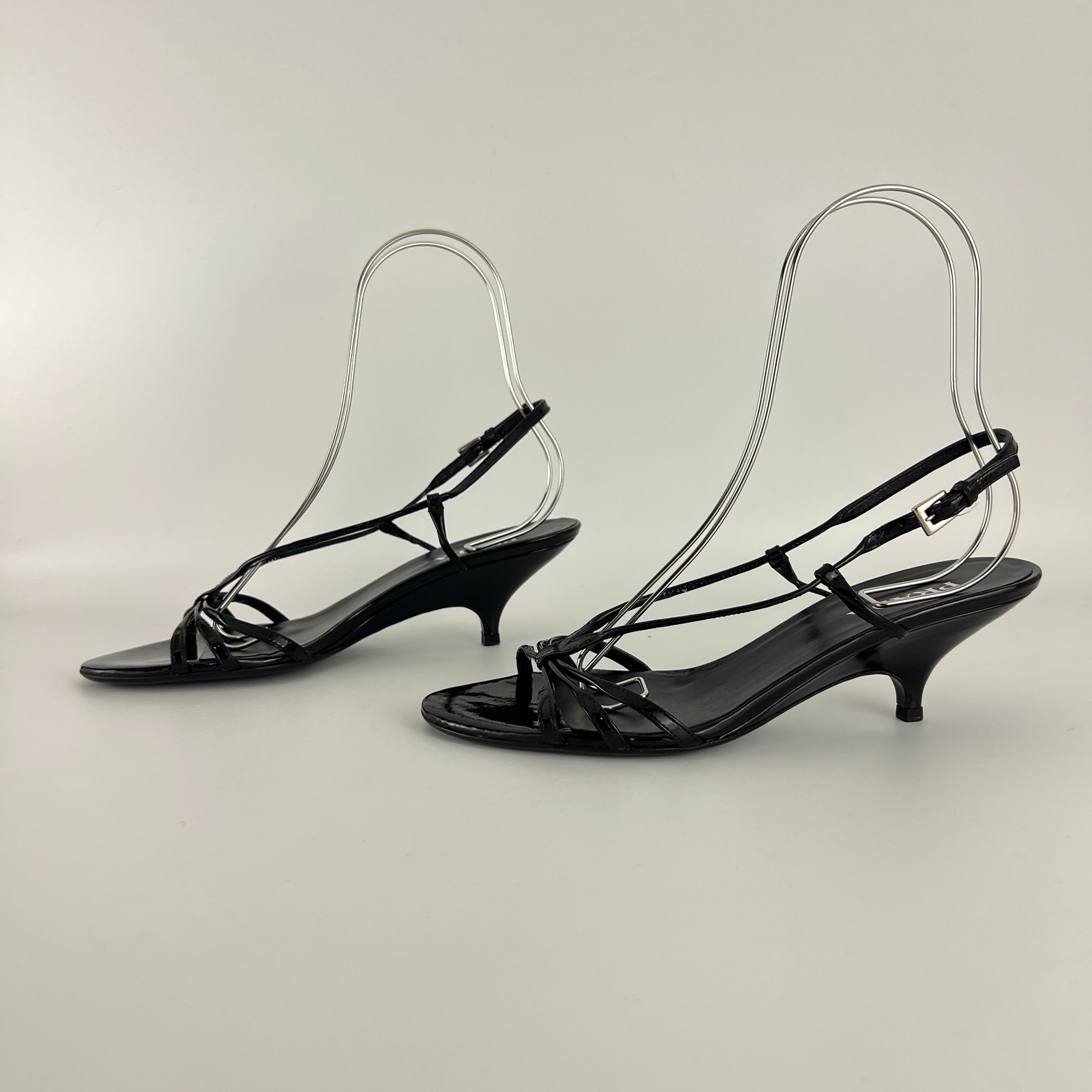 Prada | Y2K Black Patent Leather Strappy Kitten Wedge Heel (39)