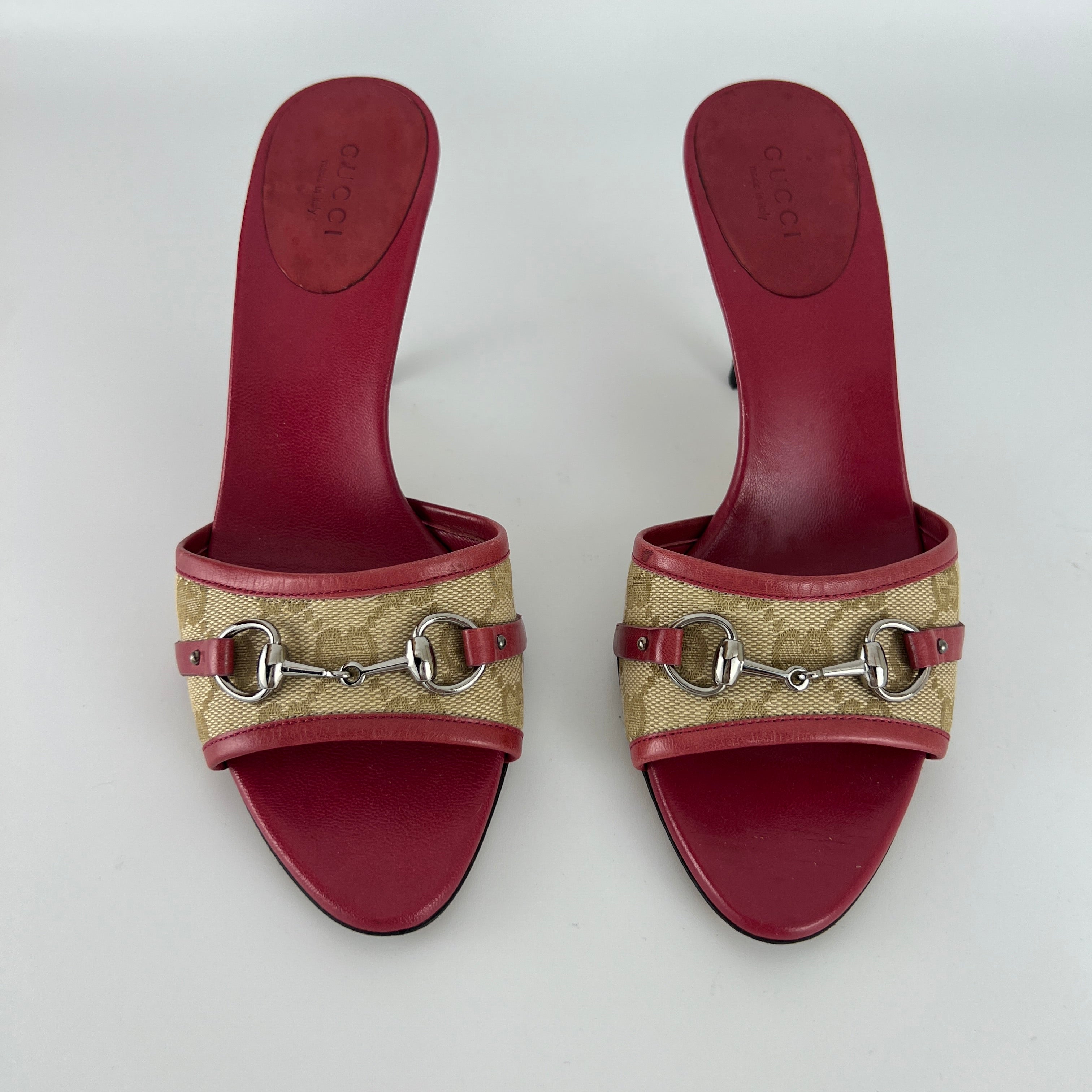 Gucci | Tom Ford Era Horse Bit Red Monogram GG Canvas Mules (36)