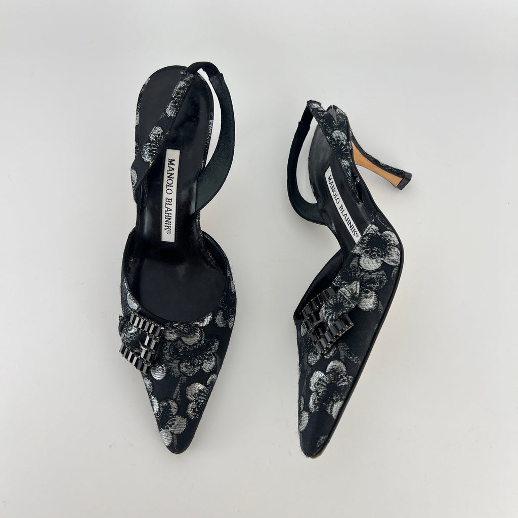 Manolo Blahnik | Vintage Limited Edition 2006/2007 Black Floral Gem Buckle Pointed Heels (36)