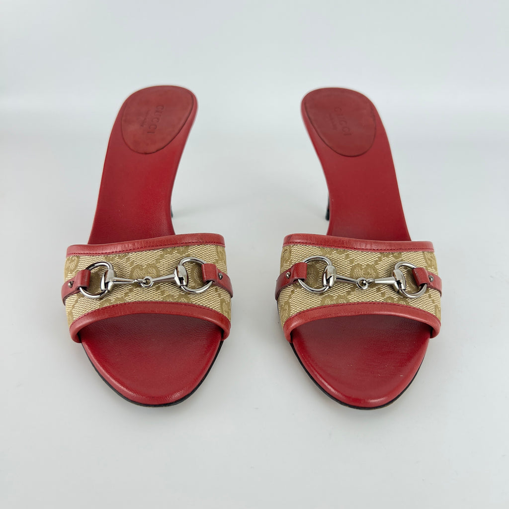 Gucci | Tom Ford Era Horse Bit Red Monogram GG Canvas Mules (36)