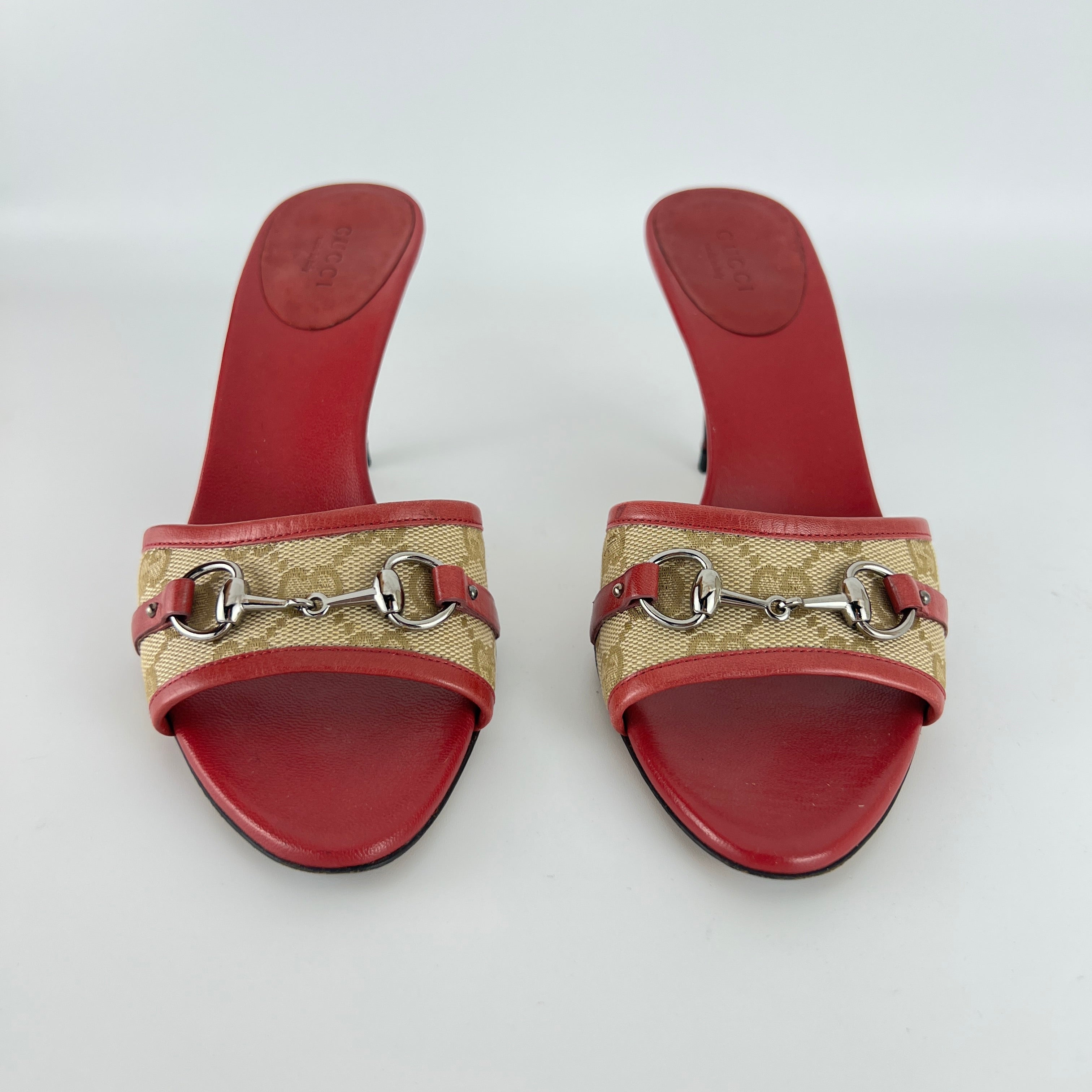 Gucci | Tom Ford Era Horse Bit Red Monogram GG Canvas Mules (36)