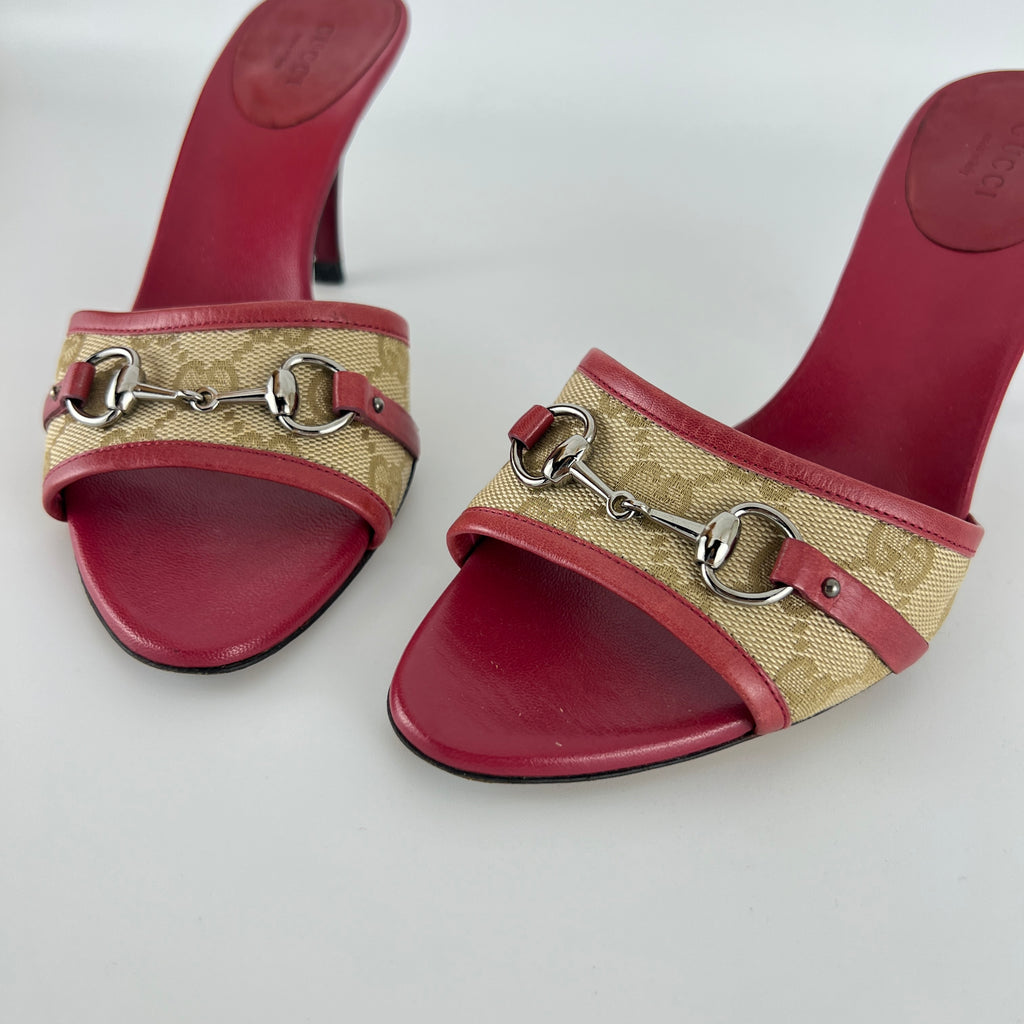 Gucci | Tom Ford Era Horse Bit Red Monogram GG Canvas Mules (36)