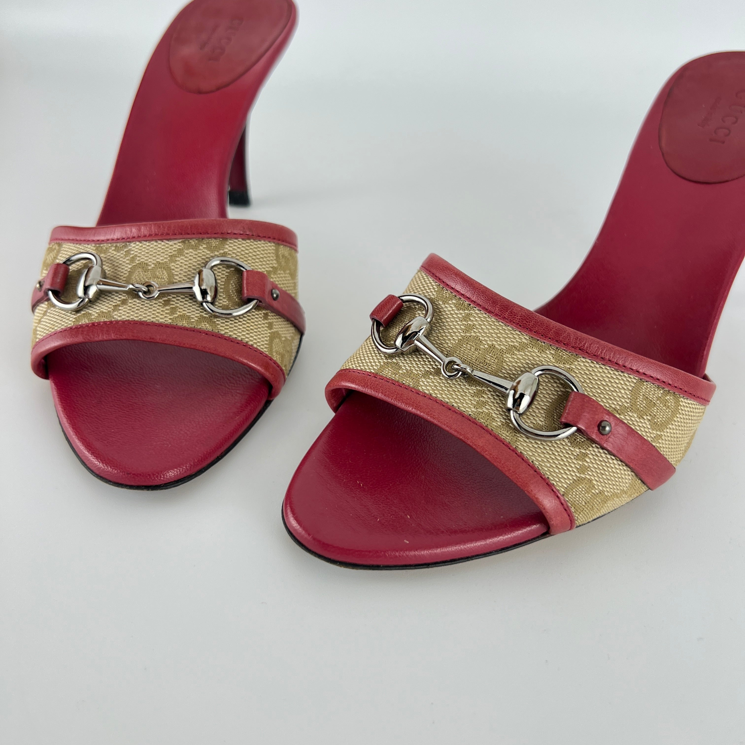 Gucci | Tom Ford Era Horse Bit Red Monogram GG Canvas Mules (36)