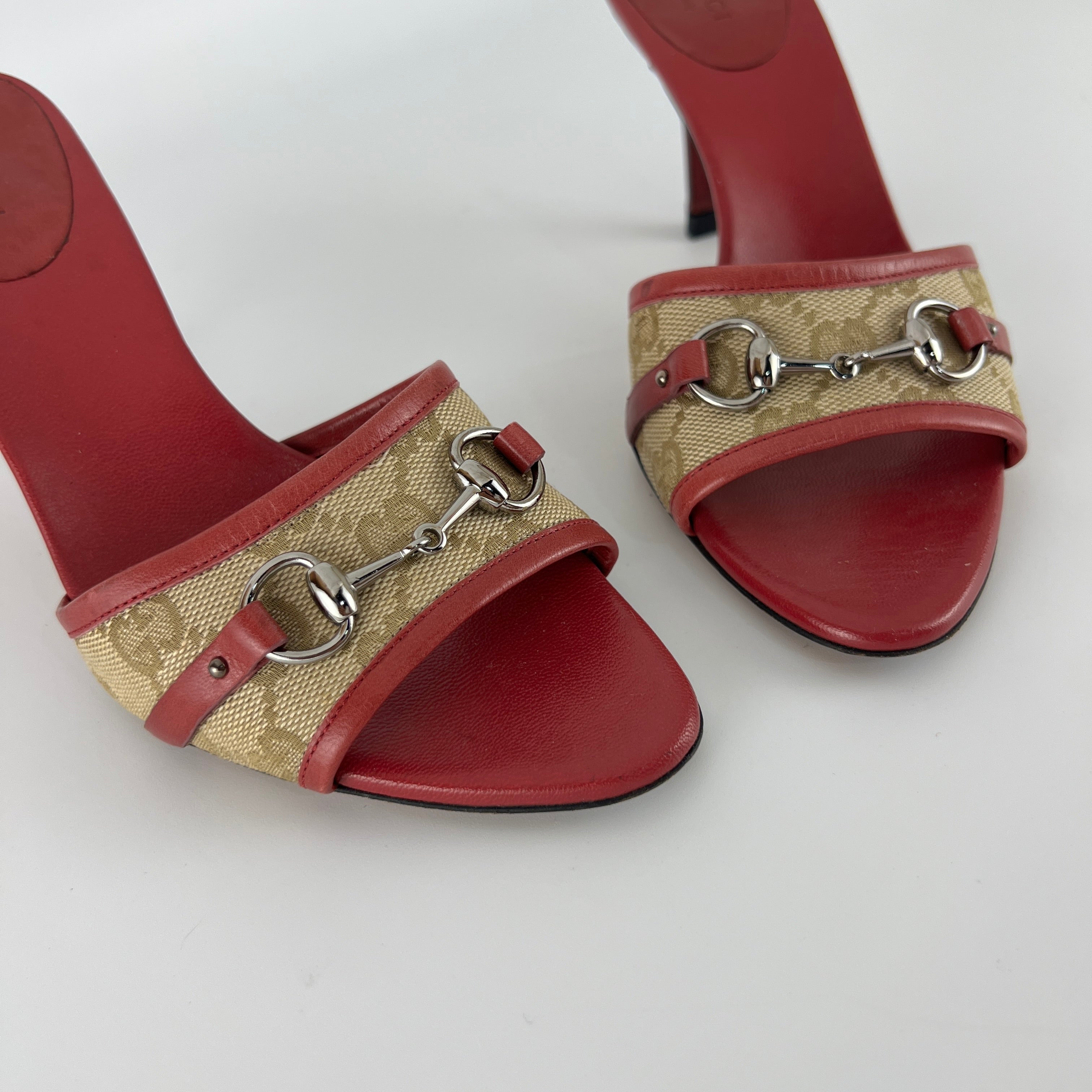Gucci | Tom Ford Era Horse Bit Red Monogram GG Canvas Mules (36)