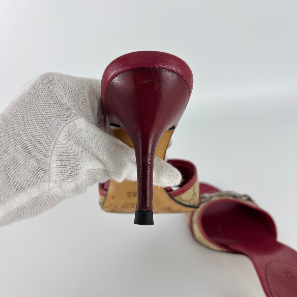Gucci | Tom Ford Era Horse Bit Red Monogram GG Canvas Mules (36)
